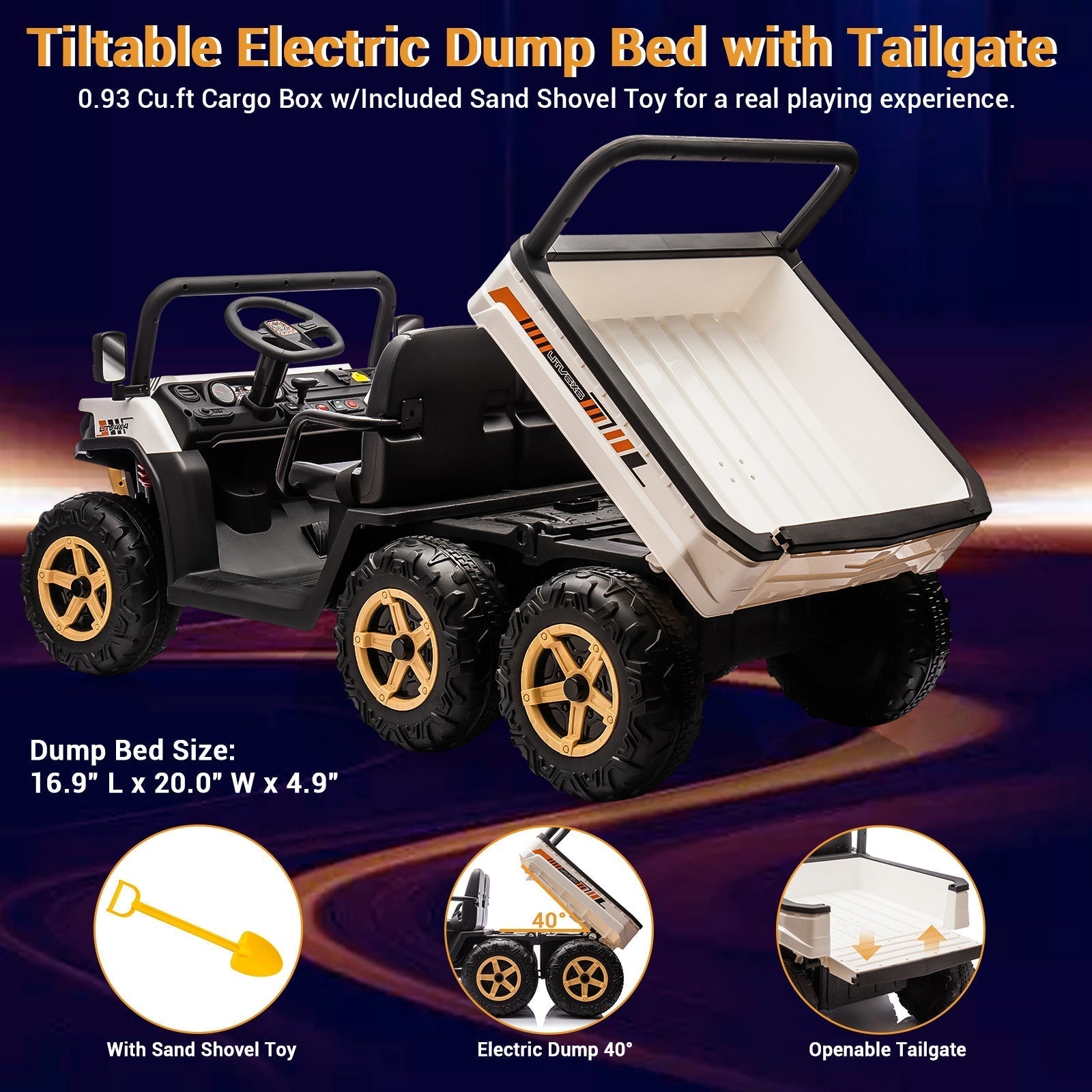 Garvee 24V 2-Seater 6-Wheel 4WD Kids Ride-On UTV Dump Truck - Parent Remote Control, Wireless Audio Music, LED Lights, Electric Dump Bed, Shovel - Electric Ride-On Car for Big Kids - White