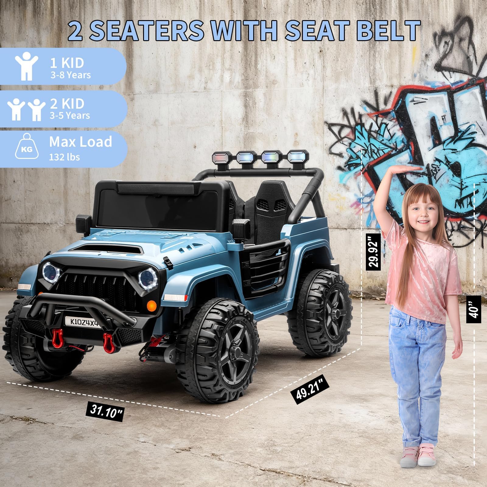 Garvee 24V 2-Seater Electric Ride On Truck for Kids – Remote Control – 4-Wheel Suspension – 3 Speeds – LED Lights – Wireless Audio & MP3 Player – Standard Test Method/CPSIA Certified – Light Blue