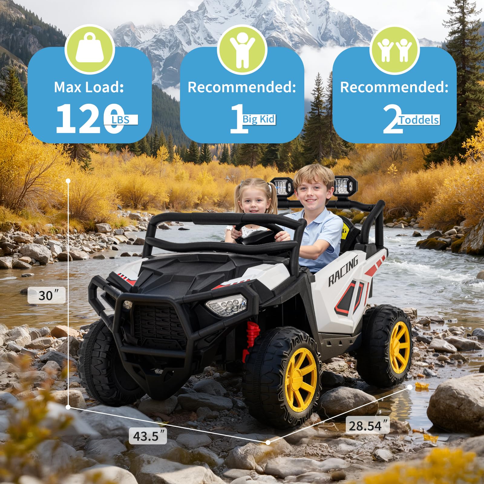 Garvee 24V 2-Seater Electric UTV Ride-On Truck for Kids Ages 2-8 – Battery Powered, Remote Control, 4-Wheel Suspension, Gradual Power-Up, 3 Speeds, LED Lights, Wireless – White