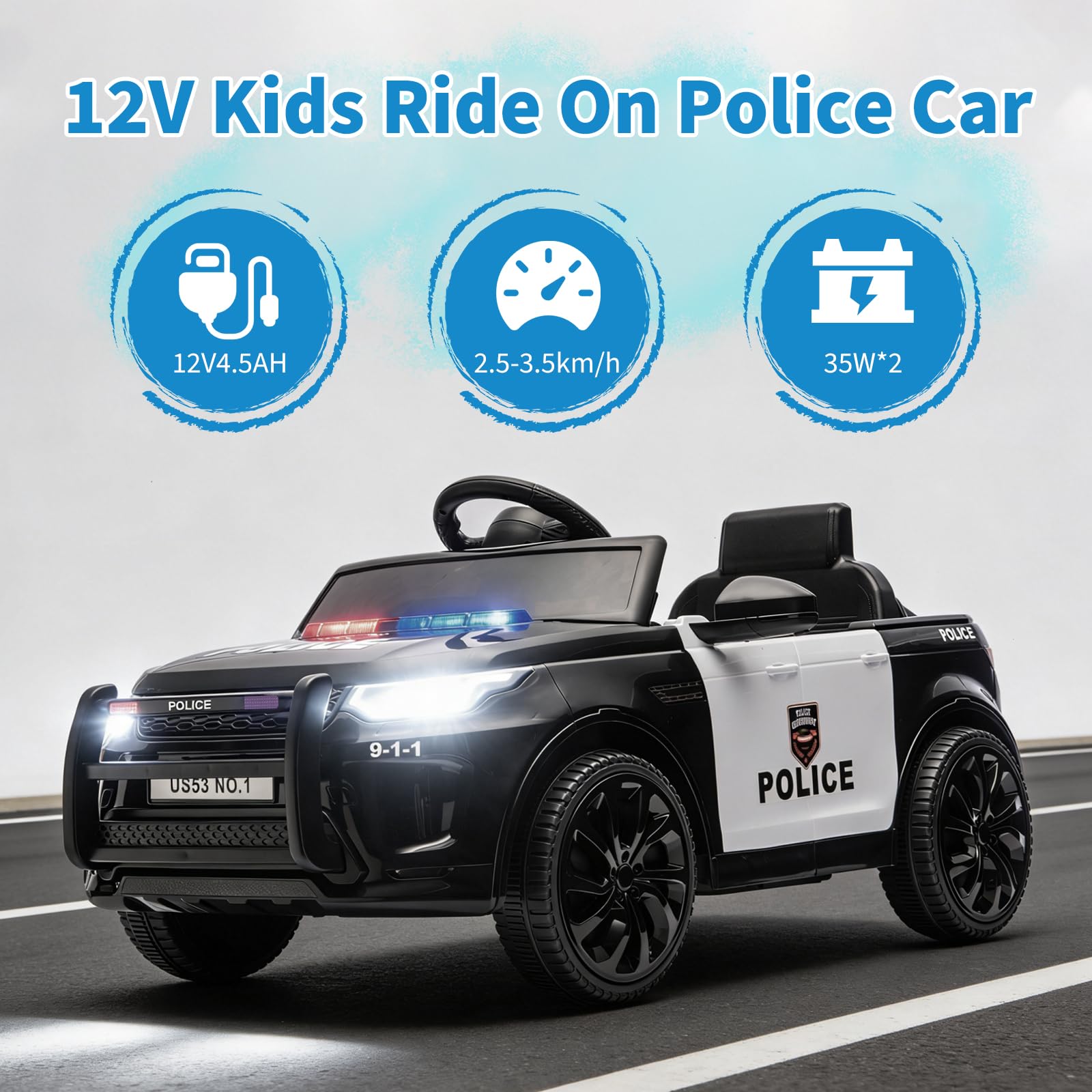 Garvee Kids Electric Police Car Ride-On 12V 4.5Ah Battery Dual 35W Motors LED Lights Bluetooth Speaker Remote Control White/Black Indoor Outdoor