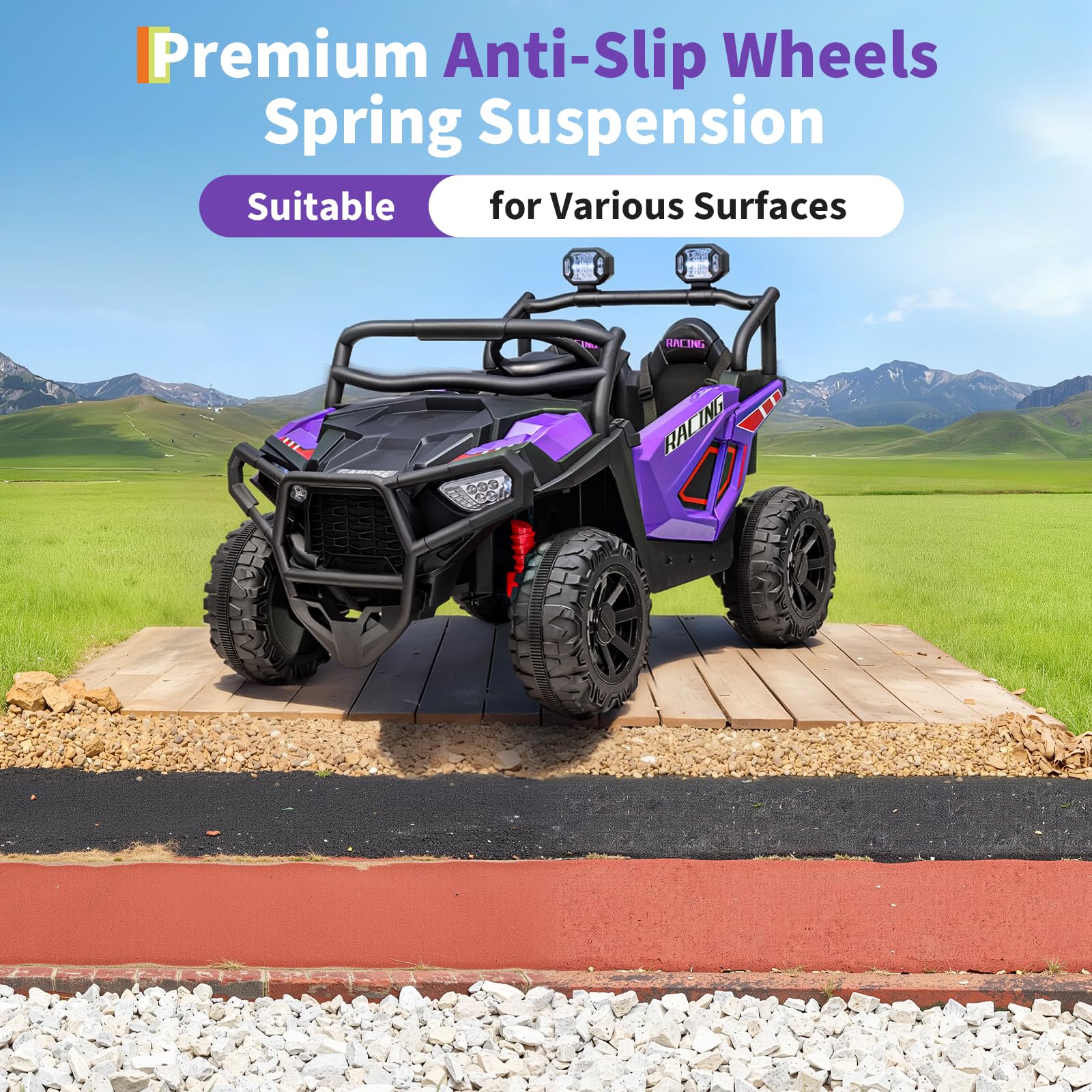 Garvee 24V 2-Seater Electric UTV Ride-On Truck for Kids Ages 2-8 – Battery Powered, Remote Control, 4-Wheel Suspension, Gradual Power-Up, 3 Speeds, LED Lights, Wireless – Purple