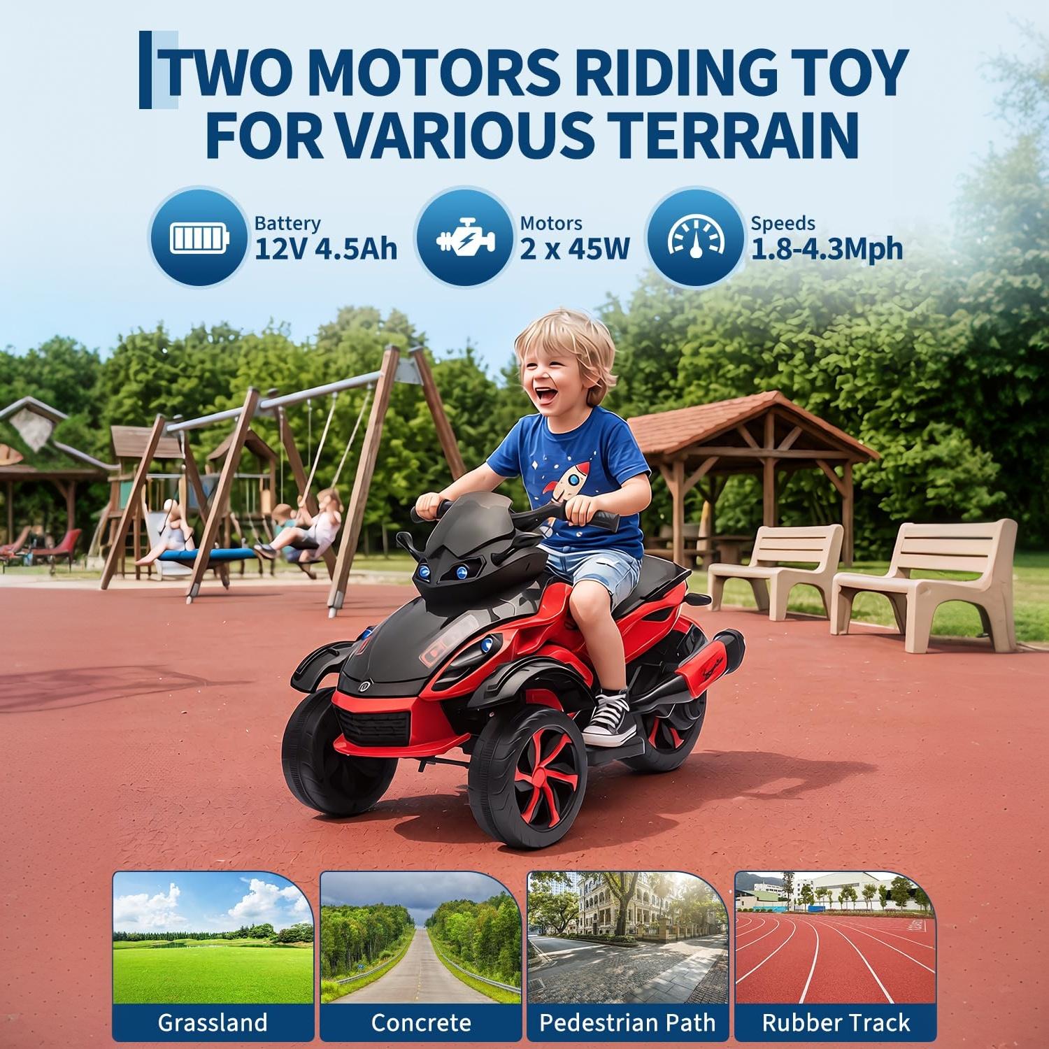 Garvee 12V Dual Motor Kids Electric Ride-On Car & 3-Wheeler ATV – 4 MPH, LED Lights & Music, 66 lbs Capacity, Outdoor Battery Powered Vehicle for Boys & Girls Ages 3-8 – Red