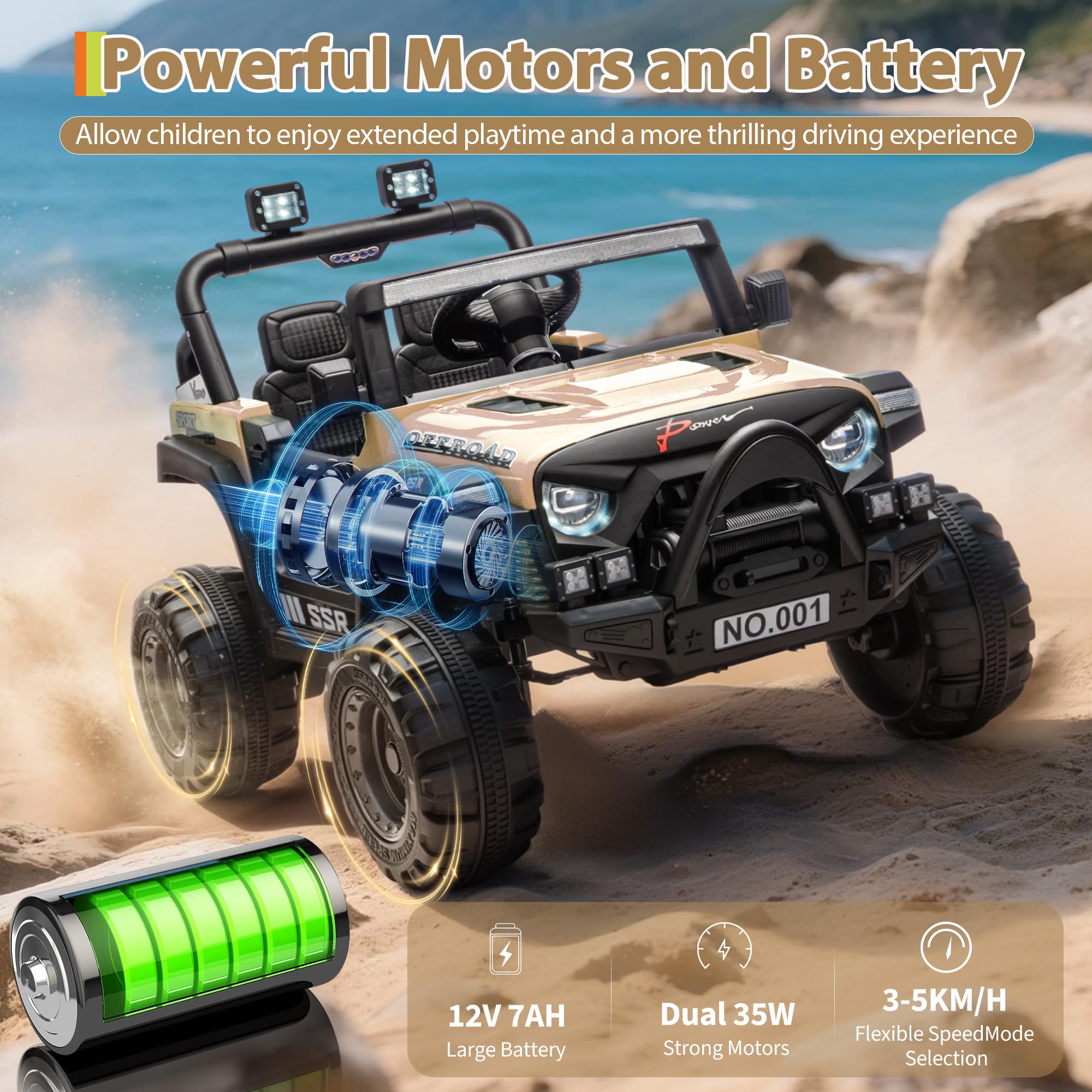 Garvee 12V Kids Electric Ride-On Car – Parent Remote Control, 3 Speeds up to 4.1MPH, Spring Suspension, Seat Harness, Locking Doors, LED Headlights, wireless Music, Battery Powered Truck Toy for Boys & Girls – Khaki