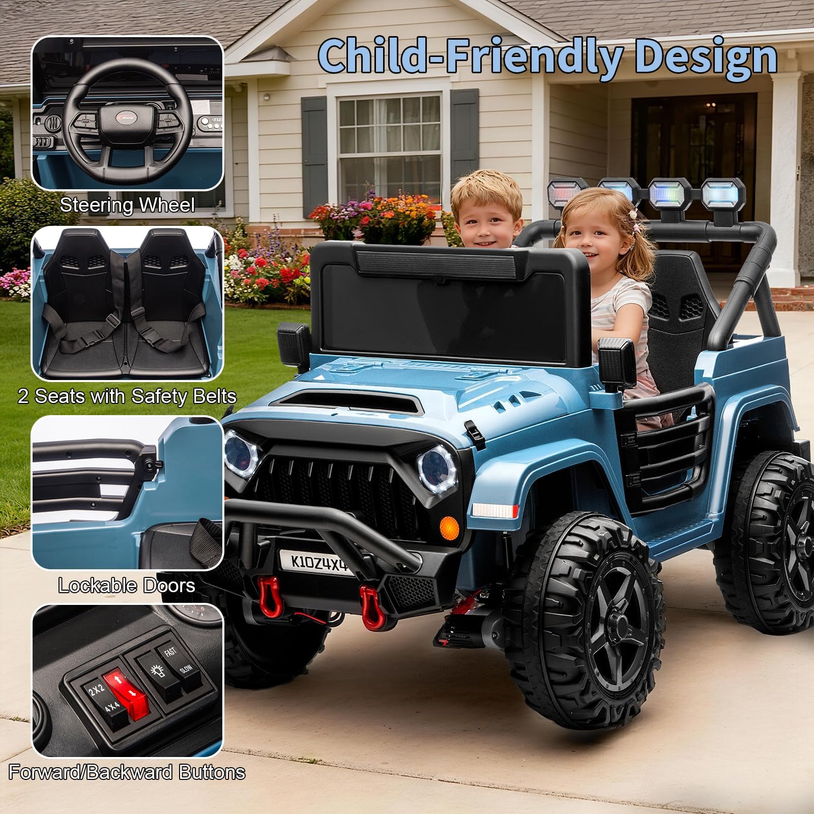 Garvee 24V 2-Seater Electric Ride On Truck for Kids – Remote Control – 4-Wheel Suspension – 3 Speeds – LED Lights – Wireless Audio & MP3 Player – Standard Test Method/CPSIA Certified – Light Blue