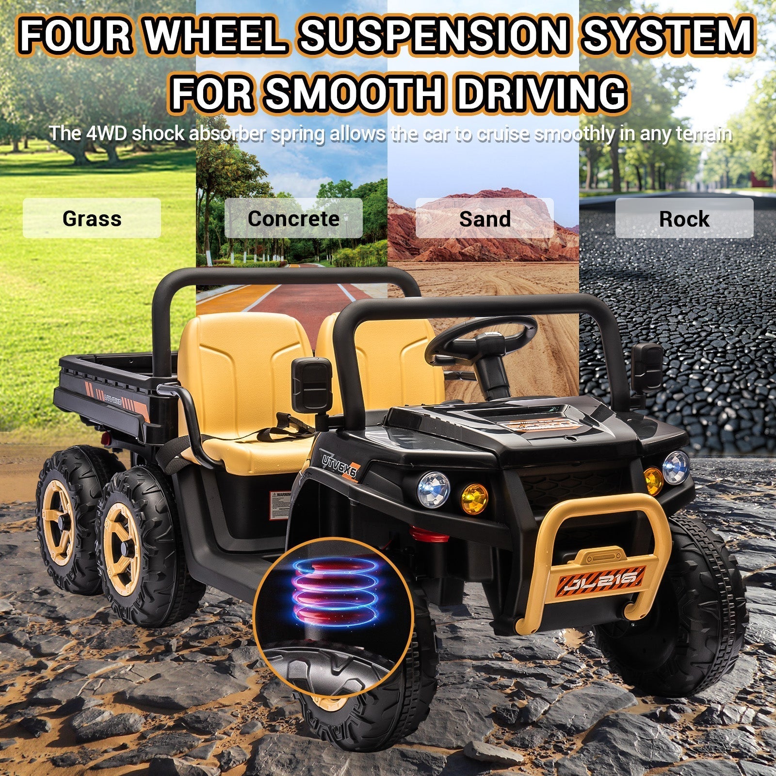 Garvee 24V 2-Seater 6-Wheel 4WD Kids Electric Dump Truck UTV - Remote Control, Wireless Audio Music, LED Lights, Shovel, Electric Dump Bed - Ride-On Car Toy for Boys & Girls - Black
