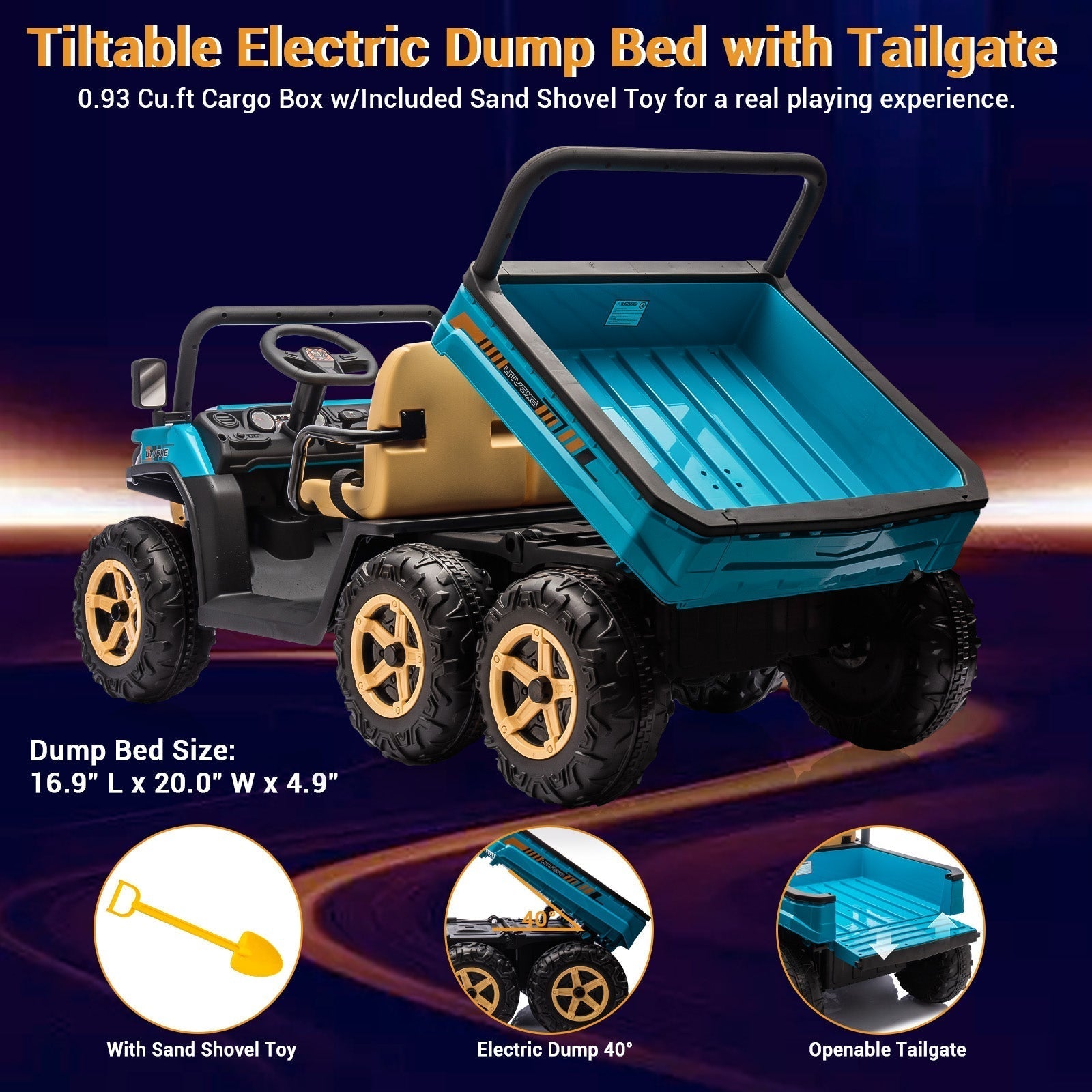 Garvee 24V 2-Seater 6-Wheel 4WD Kids Ride-On Dump Truck UTV - Parent Remote, Wireless Audio Music, LED Lights, Dump Bed, Shovel - Electric Car Toy for Big Kids - Blue