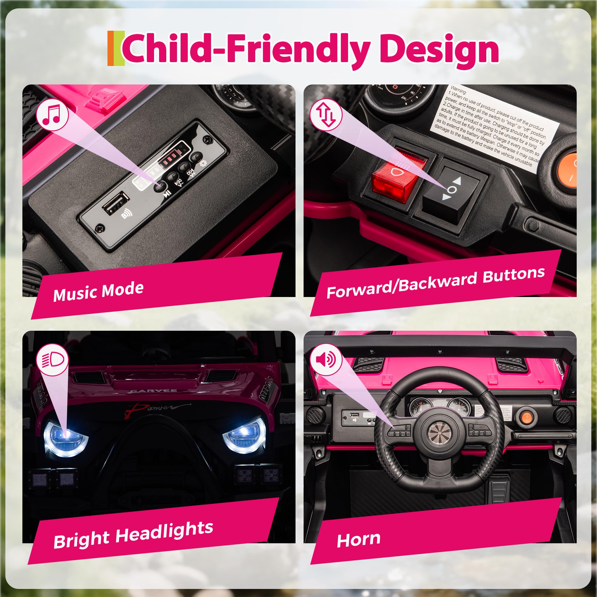 Garvee 12V Kids Ride-On Electric Car – Remote Control, 3 Speeds up to 4.1MPH, Spring Suspension, wireless Music, LED Lights, Safety Locking Doors, 3-Point Harness, Battery Powered Toy for Toddlers Ages 3-5 – Rose Red