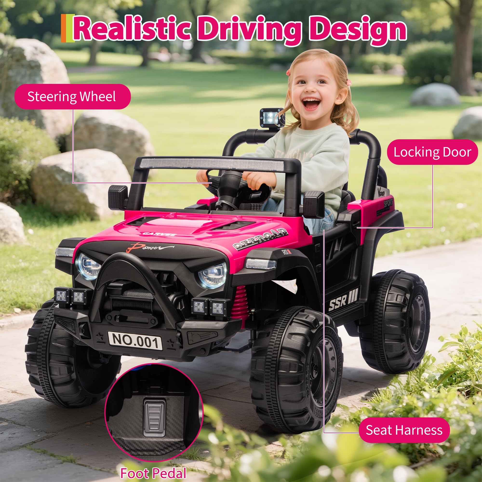 Garvee 12V Kids Ride-On Electric Car – Remote Control, 3 Speeds up to 4.1MPH, Spring Suspension, wireless Music, LED Lights, Safety Locking Doors, 3-Point Harness, Battery Powered Toy for Toddlers Ages 3-5 – Rose Red