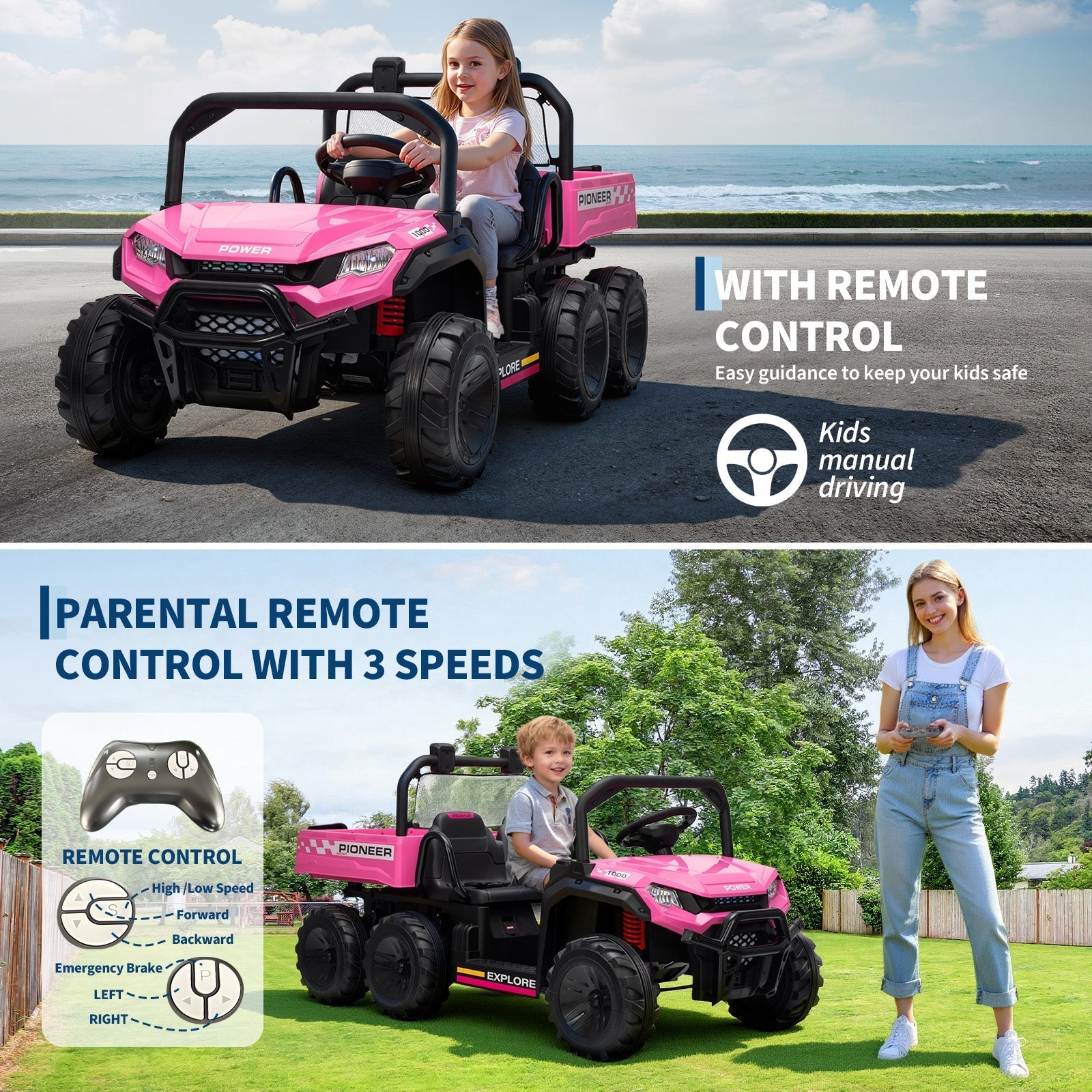 Garvee 24V 4WD Electric Ride on Dump Truck for Kids, 2 Seater with Remote Control, Dump Bed, 3 Speed Modes, Music Player, All-Terrain Off-Road Vehicle Toy for Boys & Girls