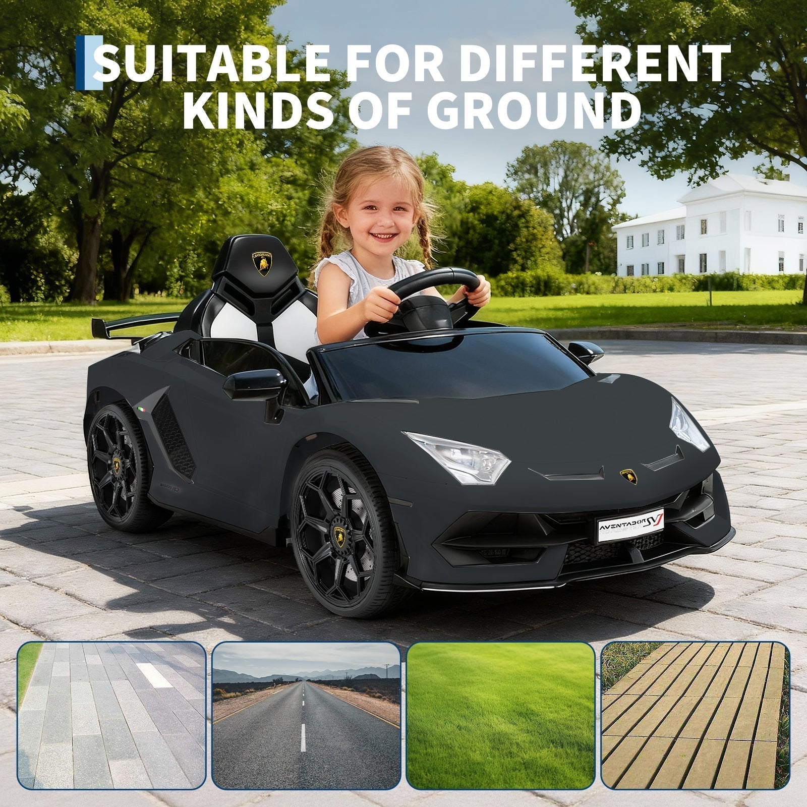 Garvee Licensed Lamborghini 12V Electric Ride-On Car for Kids – Battery Powered Sports Vehicle with Remote Control, 2 Speeds, MP3 Player, LED Headlights, Spring Suspension, Music System – For Ages 3-8 – Black