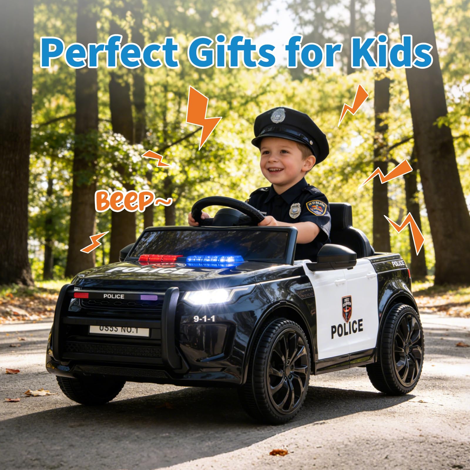 Garvee Kids Electric Police Car Ride-On 12V 4.5Ah Battery Dual 35W Motors LED Lights Bluetooth Speaker Remote Control White/Black Indoor Outdoor