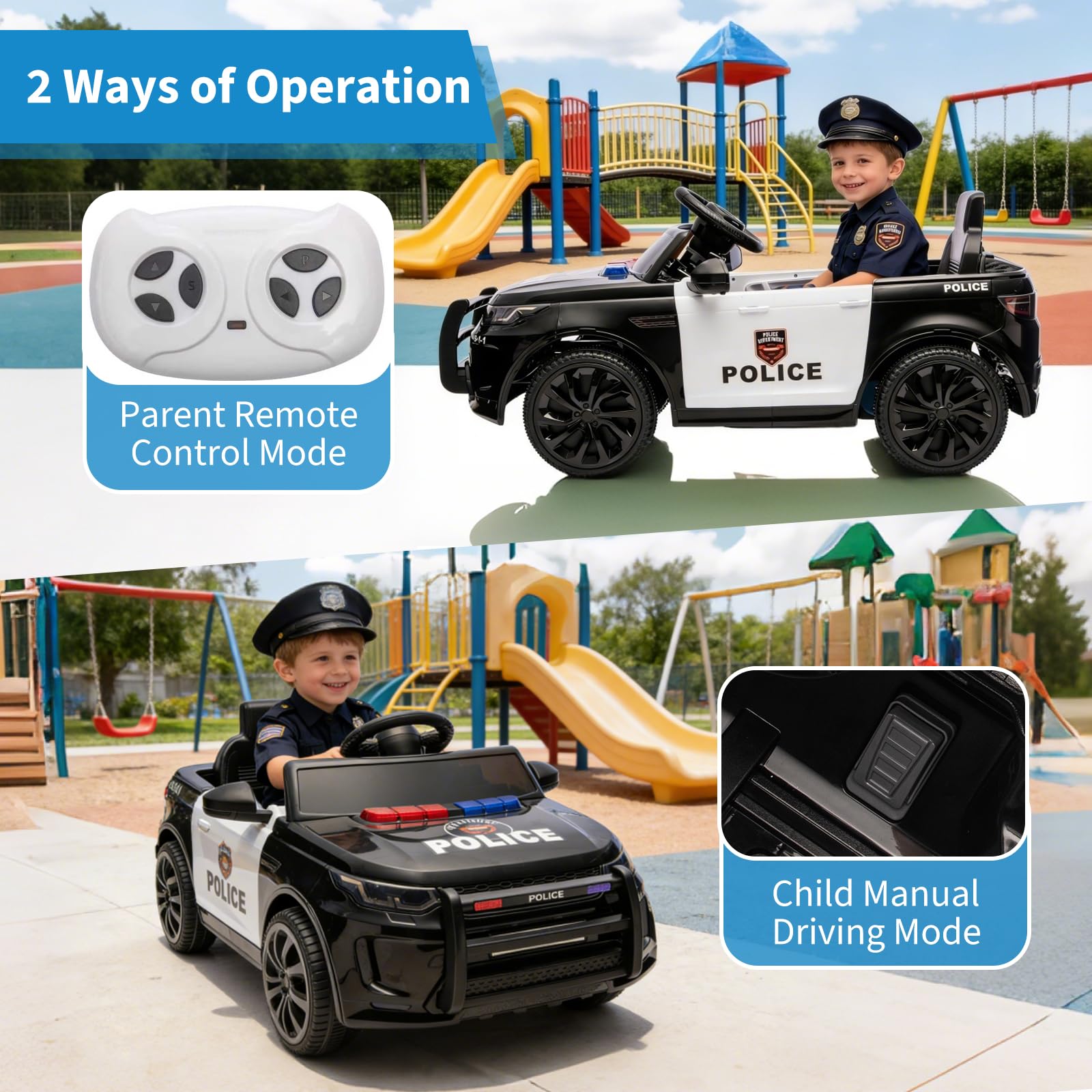 Garvee Kids Electric Police Car Ride-On 12V 4.5Ah Battery Dual 35W Motors LED Lights Bluetooth Speaker Remote Control White/Black Indoor Outdoor