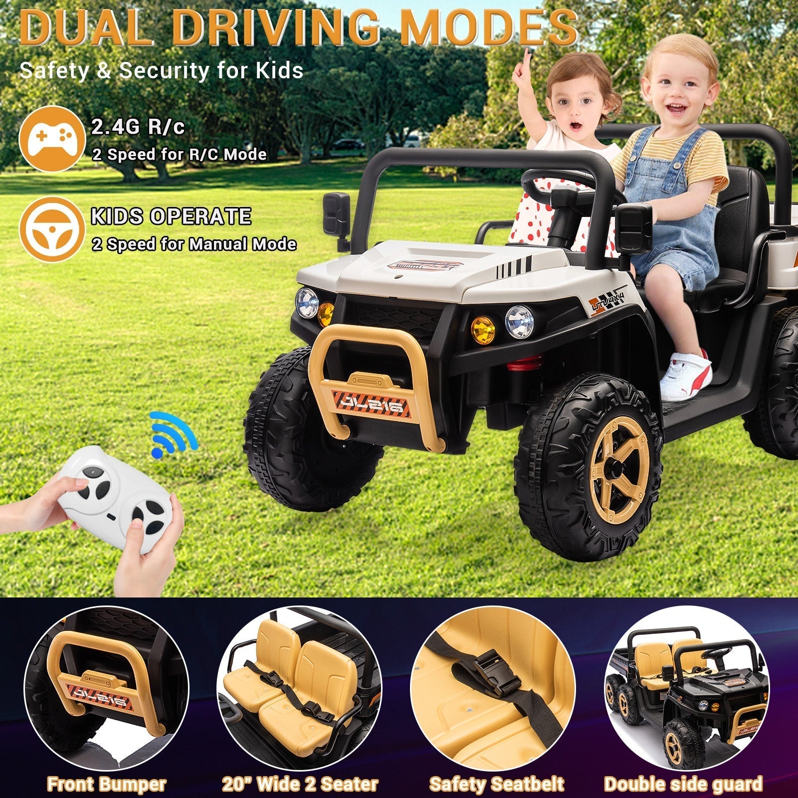 Garvee 24V 2-Seater 6-Wheel 4WD Kids Electric Dump Truck UTV - Remote Control, Wireless Audio Music, LED Lights, Shovel, Electric Dump Bed - Ride-On Car Toy for Boys & Girls - Black