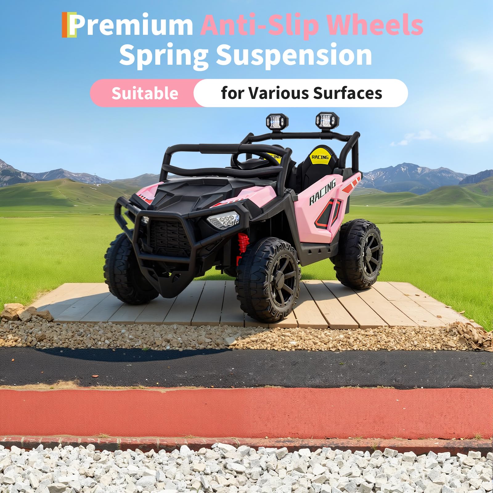 Garvee 24V 2-Seater Electric UTV Ride-On Truck for Kids Ages 2-8 – Battery Powered, Remote Control, 4-Wheel Suspension, Gradual Power-Up, 3 Speeds, LED Lights, Wireless – Pink