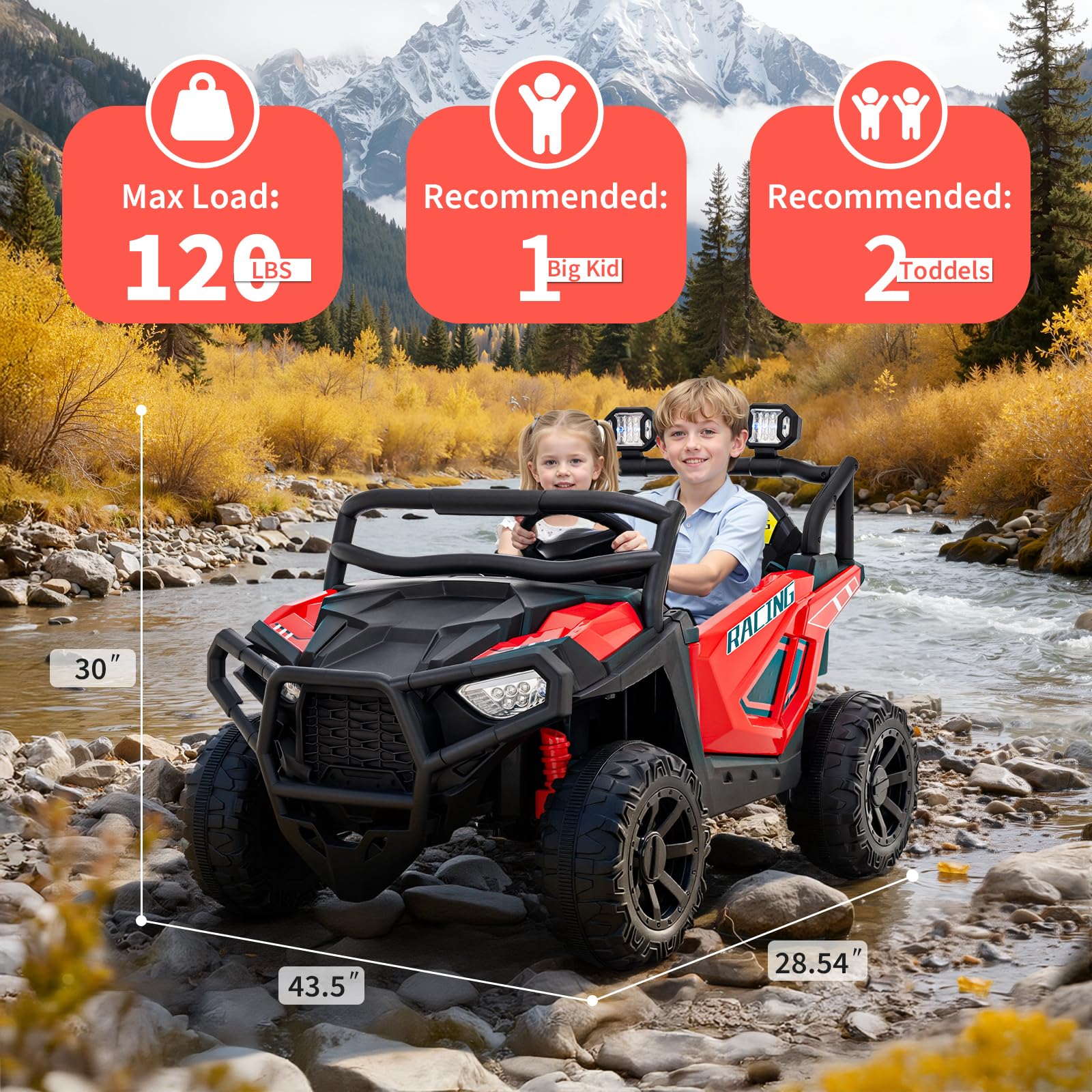 Garvee 24V 2-Seater Electric UTV Ride-On Truck for Kids Ages 2-8 – Battery Powered, Remote Control, 4-Wheel Suspension, Gradual Power-Up, 3 Speeds, LED Lights, Wireless – Red