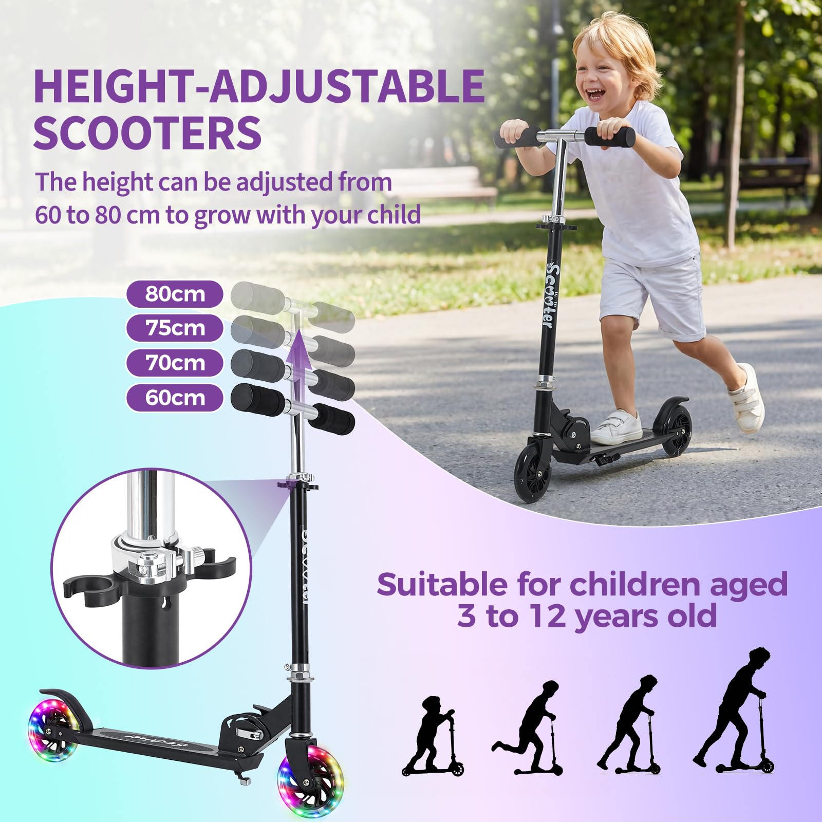 Garvee Kick Scooter for Kids with LED RGB Lighted Wheels, Lightweight 4.6 LBS, Adjustable Handlebars, Anti-Slip Deck, Detachable Design, Ages 3+