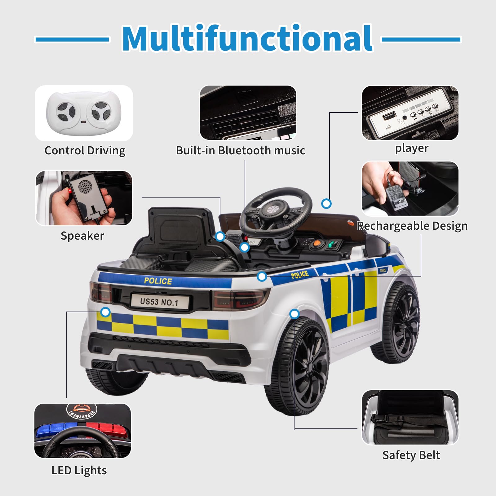 Garvee Kids Police Ride-On Car 12V Dual-Motor, Bluetooth, LED Lights, Safety Belt, Anti-Rollover Tires, White/Black, Outdoor Adventure Toy