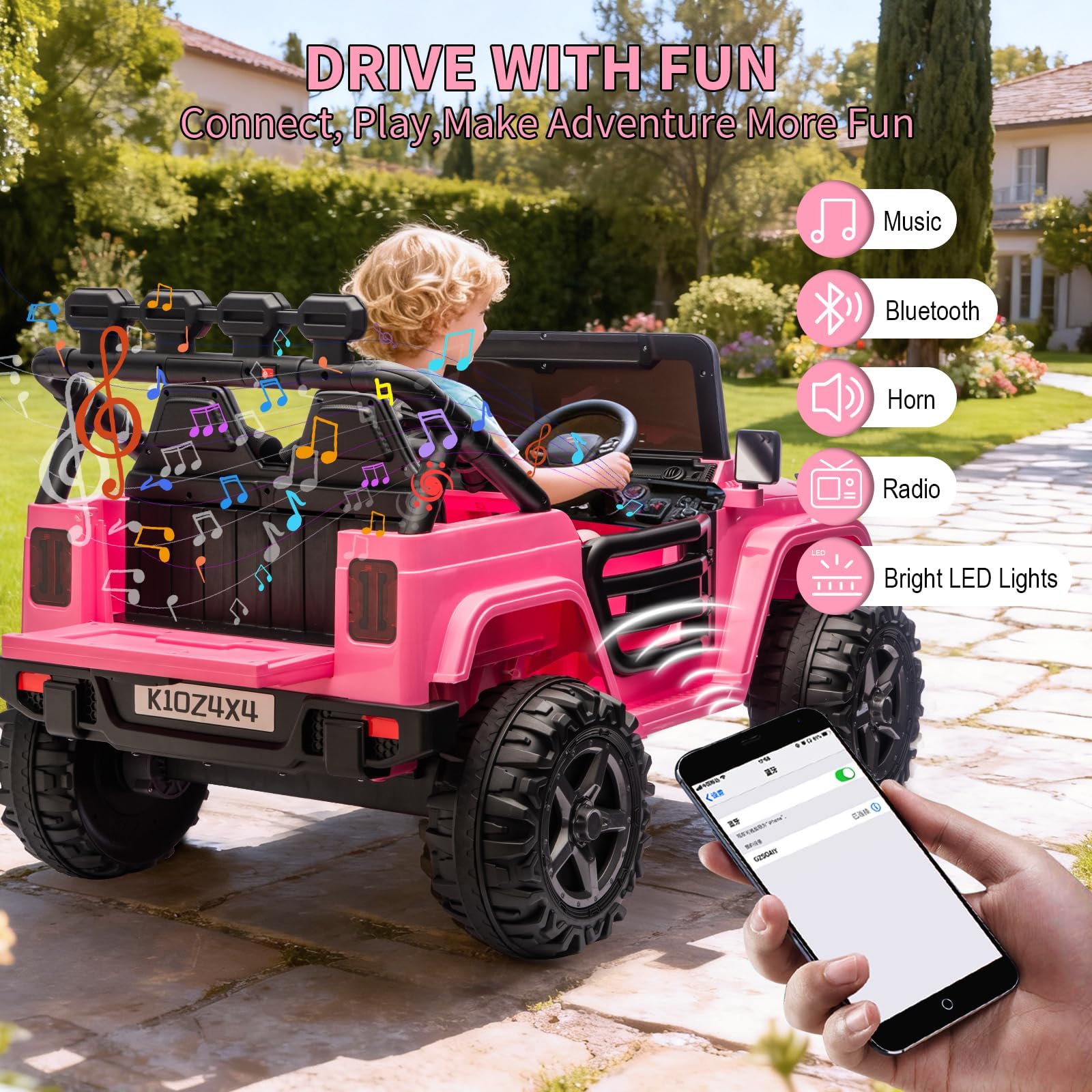 Garvee 24V Electric Ride On Truck for Kids – 2-Seater 4x4 Car – Remote Control – 3 Speeds – LED Lights – Wireless Audio Music Player – Gradual Start & Suspension – Pink