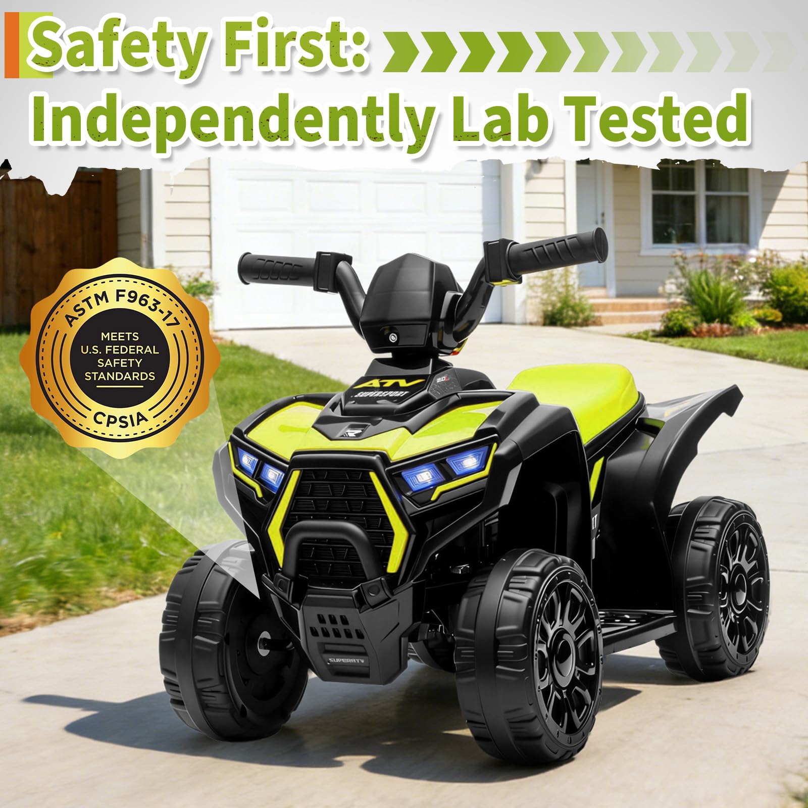 Garvee 6V Battery Powered Kids ATV Car with Lights and Music, 3.5mph Speed, Durable All-Terrain Tires, Safe Plastic Build, Toddler Ride-On Toy for Ages 3-6