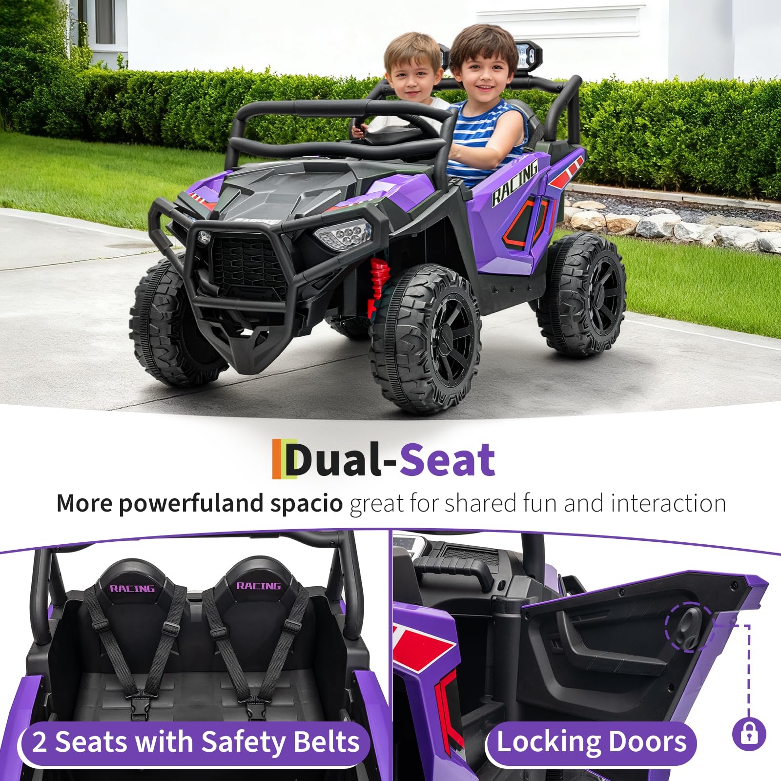 Garvee 24V 2-Seater Electric UTV Ride-On Truck for Kids Ages 2-8 – Battery Powered, Remote Control, 4-Wheel Suspension, Gradual Power-Up, 3 Speeds, LED Lights, Wireless – Purple