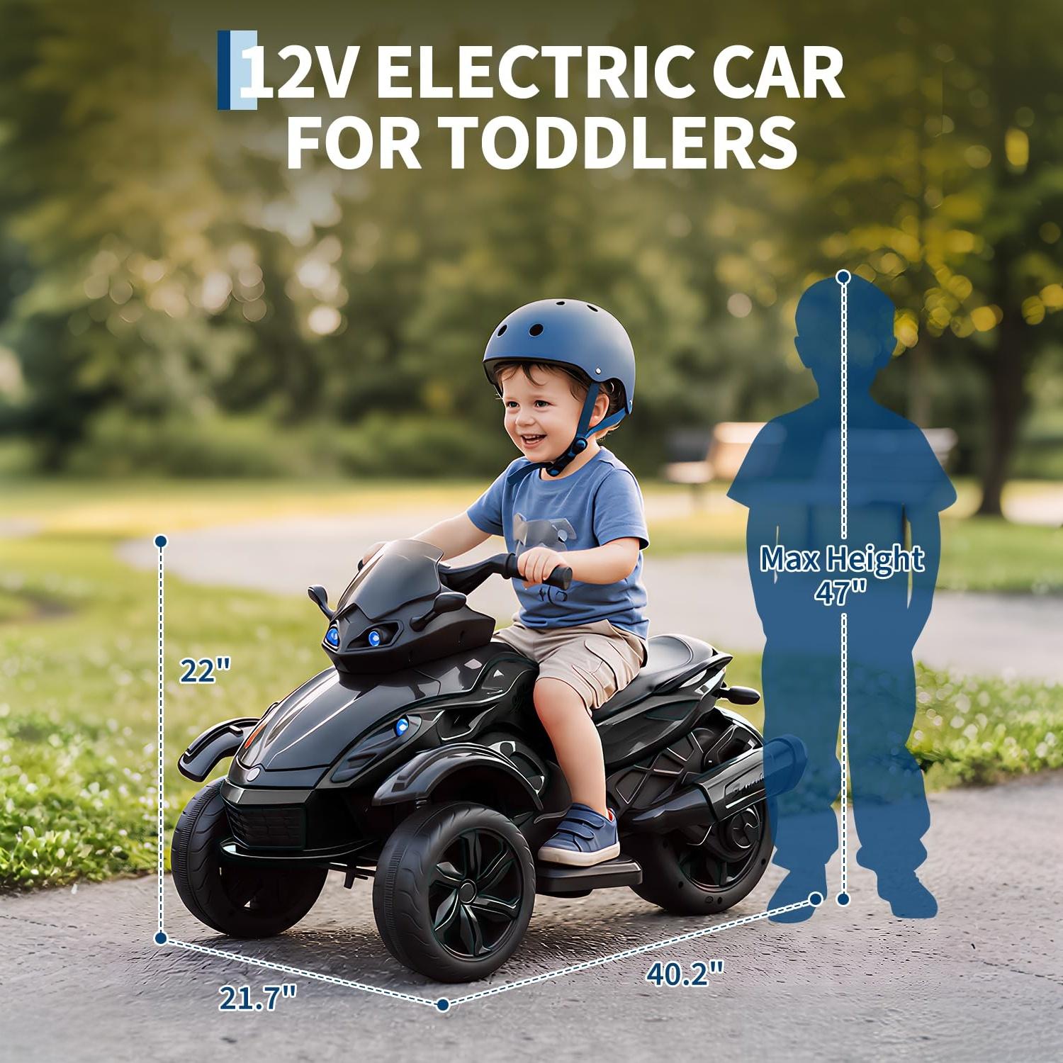 Garvee 12V Dual Motor Kids Electric Ride-On Car & 3-Wheeler ATV – 4 MPH, Treaded Tires, LED Lights & Music, 66 lbs Capacity, Outdoor Battery Powered Vehicle for Boys & Girls Ages 3-8 – Black