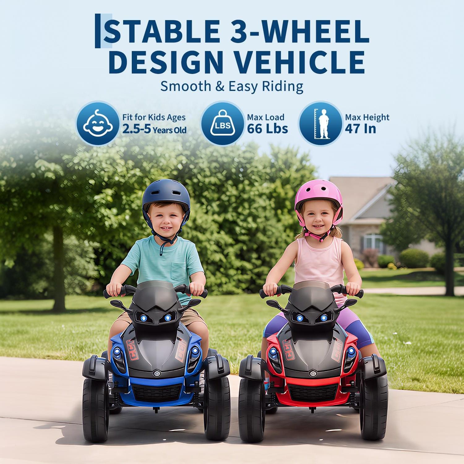 Garvee 12V Dual Motor Kids Electric Ride-On Car & 3-Wheeler ATV – 4 MPH, LED Lights & Music, 66 lbs Capacity, Outdoor Battery Powered Vehicle for Boys & Girls Ages 3-8 – Red