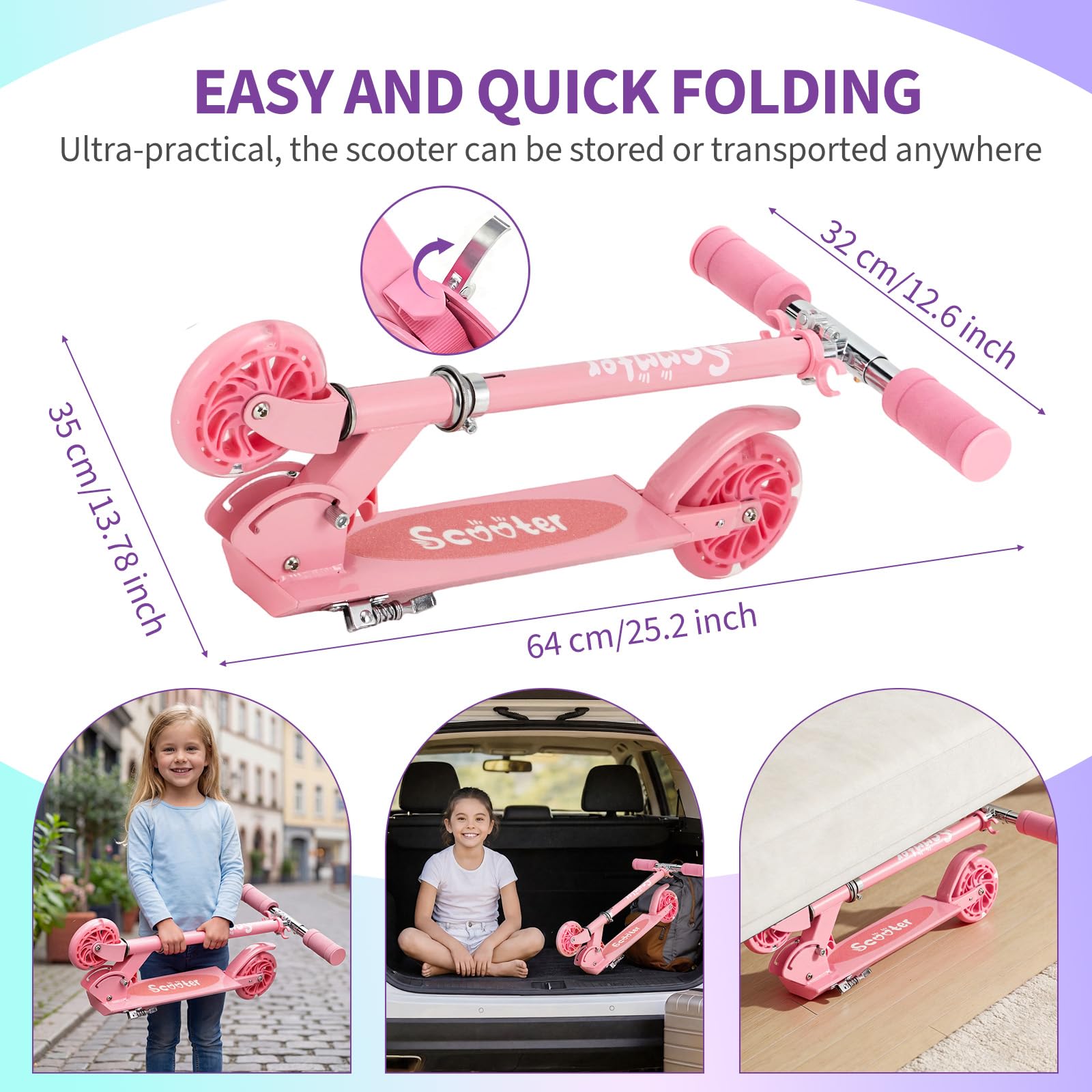 Garvee Kick Scooter for Kids with LED RGB Lighted Wheels, Lightweight & Detachable, Aluminum Frame, Anti-Slip Deck, Adjustable Handlebars, Pink, Ages 3+