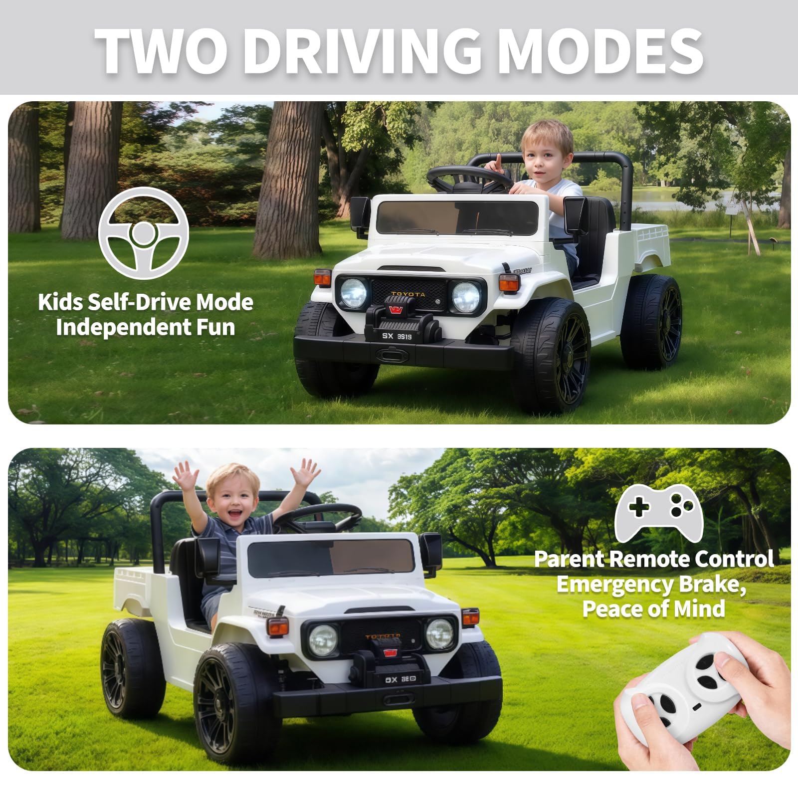 Garvee Licensed Toyota 12V 4WD Kids Ride-On Pickup Truck – Battery Powered Electric Car, Remote Control, wireless Music, LED Lights, Suspension, Soft Braking, Truck Bed Storage – For Toddlers & Big Kids – White