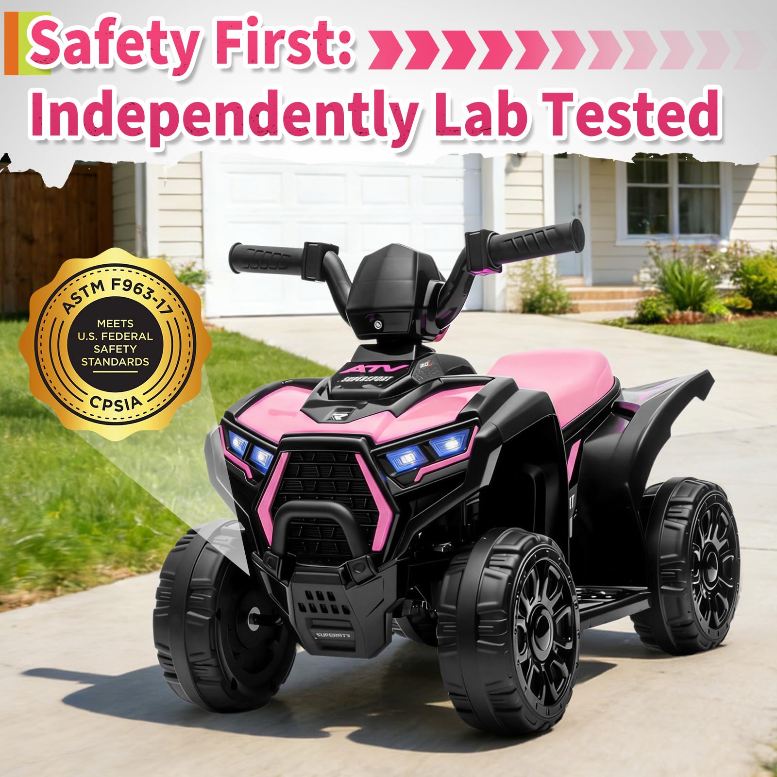 Garvee 6V Battery Powered Kids ATV Car with Lights, Music, 3.5mph Speed, 4-Wheel Electric Toddler Ride-On, All-Terrain Tires, Safe & Fun Outdoor Toy