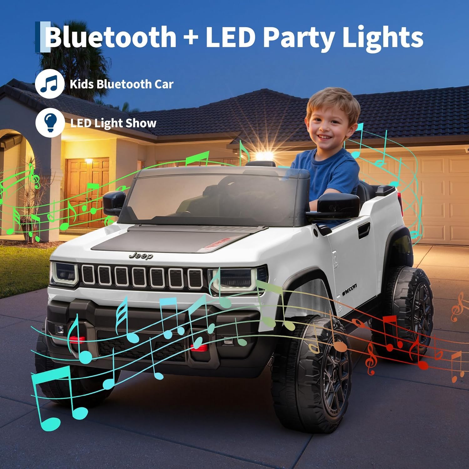 Garvee 24V 2-Seater Electric Ride-On Truck for Kids Ages 3-8 – Licensed 4WD Battery Car with Parental Remote Control, 3 Speeds, Wireless Connection Music, LED Lights, Gradual Start – Perfect Gift Vehicle – White