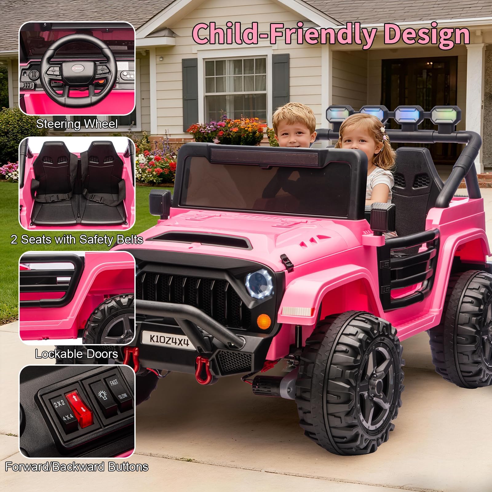 Garvee 24V Electric Ride On Truck for Kids – 2-Seater 4x4 Car – Remote Control – 3 Speeds – LED Lights – Wireless Audio Music Player – Gradual Start & Suspension – Pink