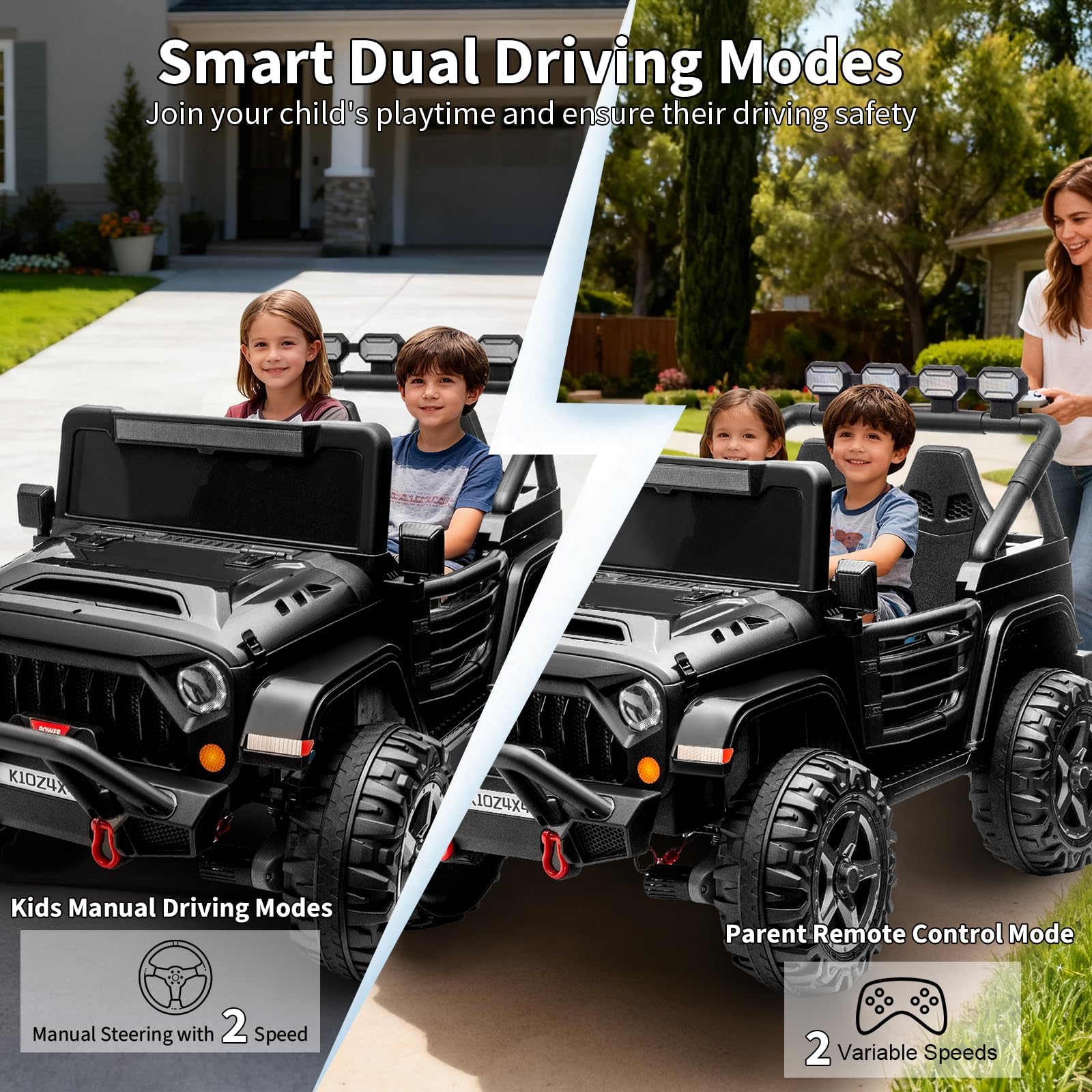 Garvee 24V 4x4 Electric Ride On Truck for Big Kids – 2 Seater Battery Powered Car – Remote Control – 3 Speeds – 4-Wheel Suspension – LED Lights – Wireless Audio Music – Gradual Start – Black