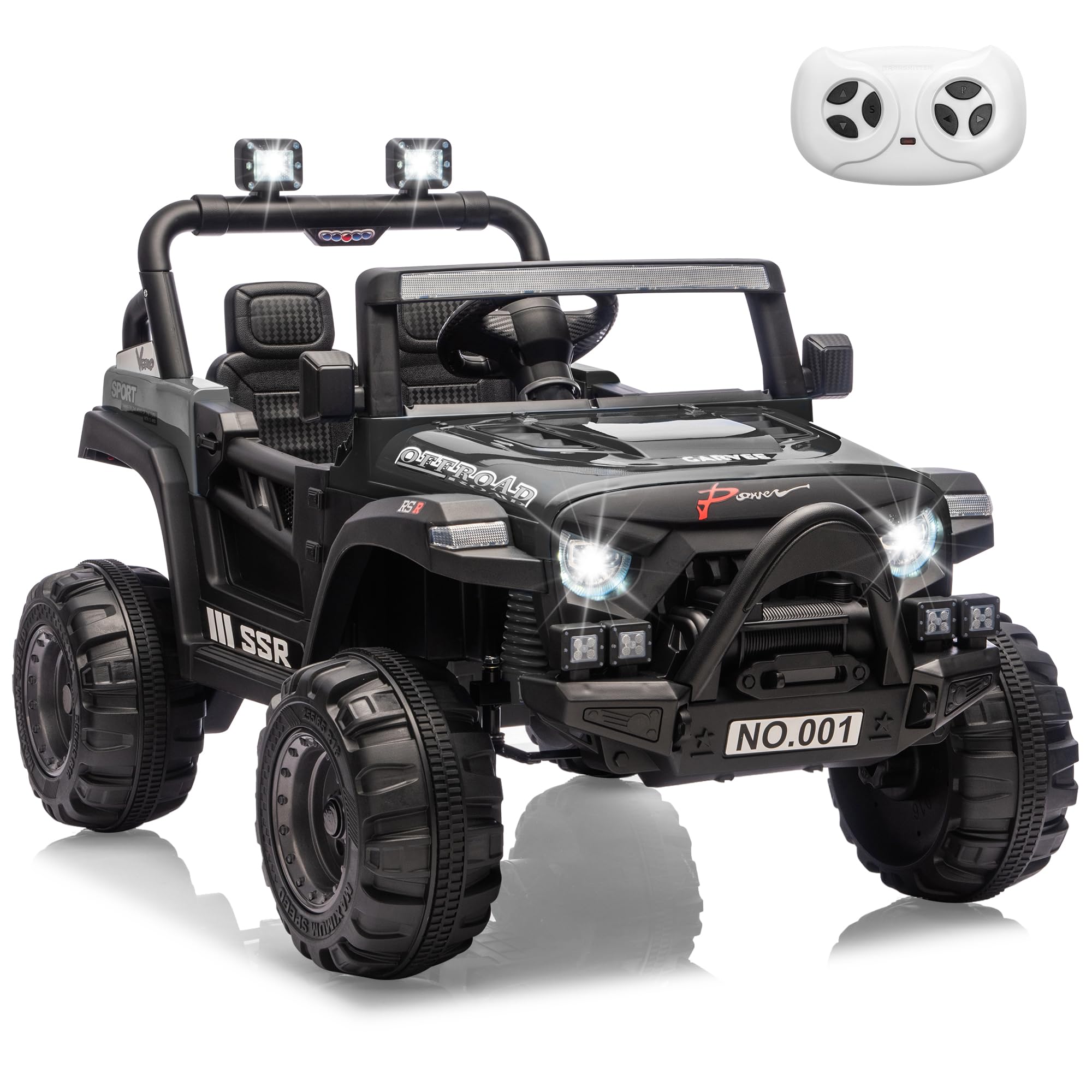 Garvee 12V Kids Ride-On Electric Truck – Parent Remote Control, 3 Speeds up to 4.1MPH, Spring Suspension, LED Lights, wireless Music, Safety Locking Doors, 3-Point Harness, All-Terrain Battery Powered Toy for Ages 3-5 – Black