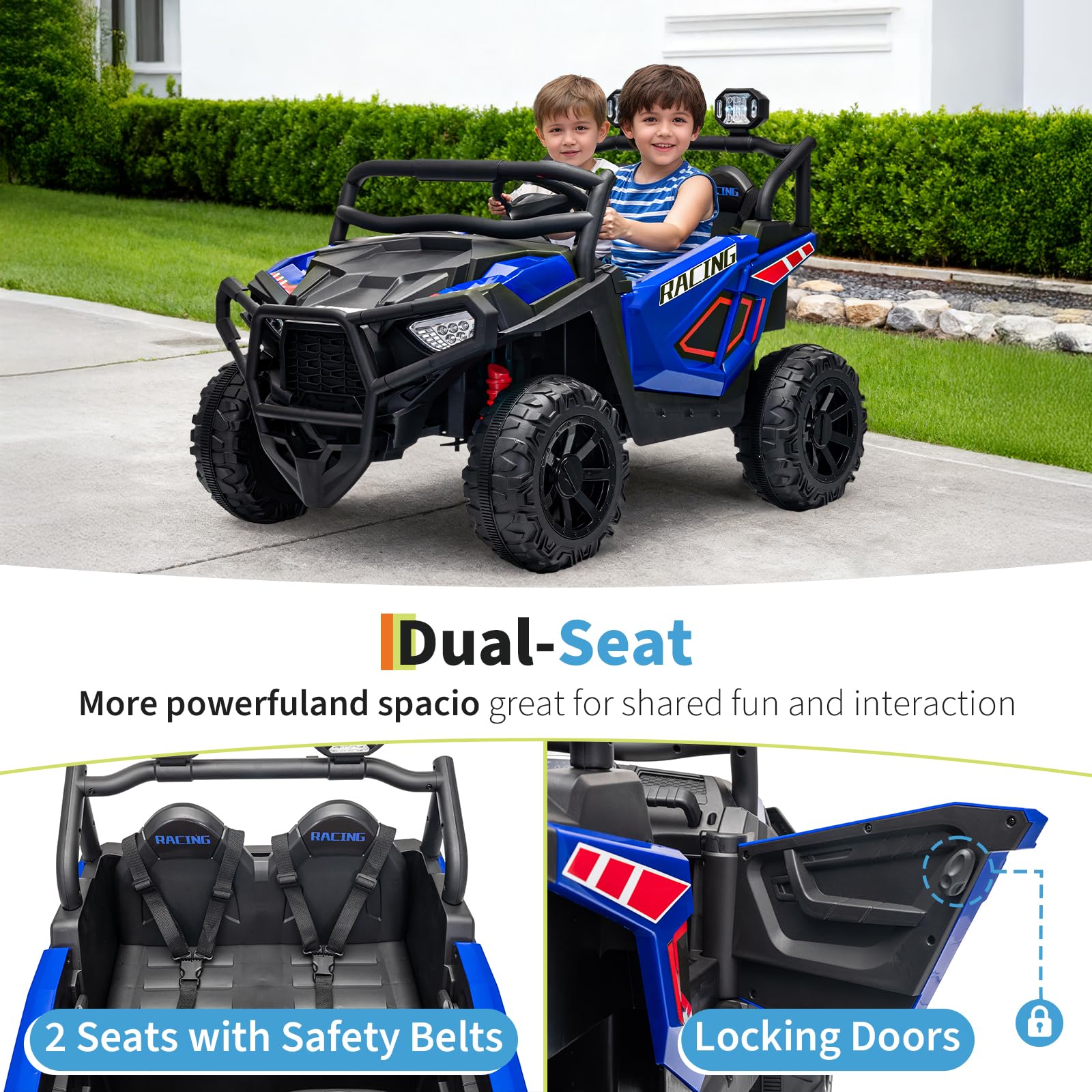 Garvee 24V 2-Seater Electric UTV Ride-On Truck for Kids Ages 2-8 – Battery Powered, Remote Control, 4-Wheel Suspension, Gradual Power-Up, 3 Speeds, LED Lights, Wireless – Blue
