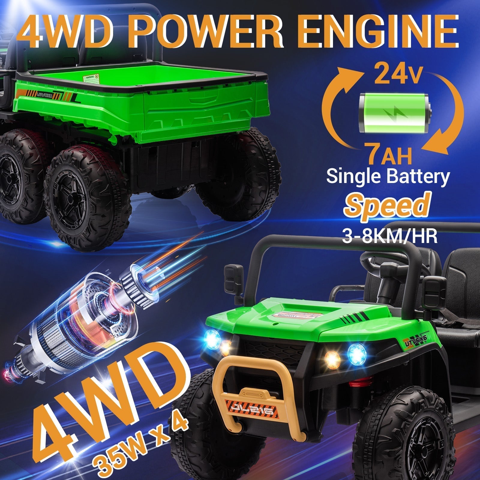 Garvee 24V 2-Seater 6-Wheel 4WD Kids Electric Dump Truck Ride-On UTV - Parental Remote, Wireless Audio Music, LED Lights, Electric Dump Bed, Shovel - Off-Road Toy for Big Kids - Green
