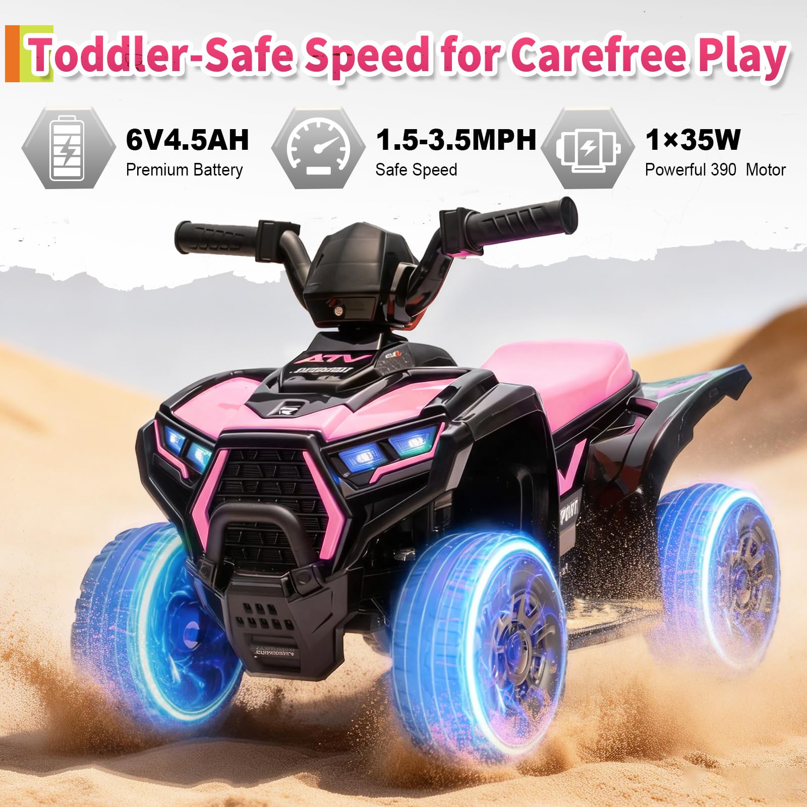 Garvee 6V Battery Powered Kids ATV Car with Lights, Music, 3.5mph Speed, 4-Wheel Electric Toddler Ride-On, All-Terrain Tires, Safe & Fun Outdoor Toy