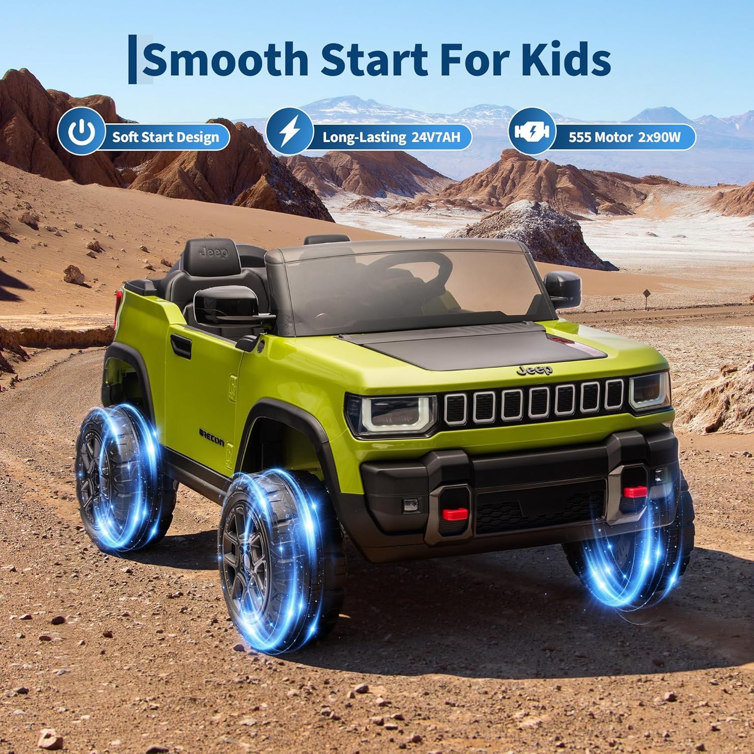 Garvee 24V 2-Seater Electric Ride-On Truck for Kids Ages 3-8 – Licensed 4WD Battery Car with Parental Remote, 3 Speeds, Wireless Connection Music, LED Lights, Gradual Start – Ideal Gift Vehicle for Boys & Girls – Army Green