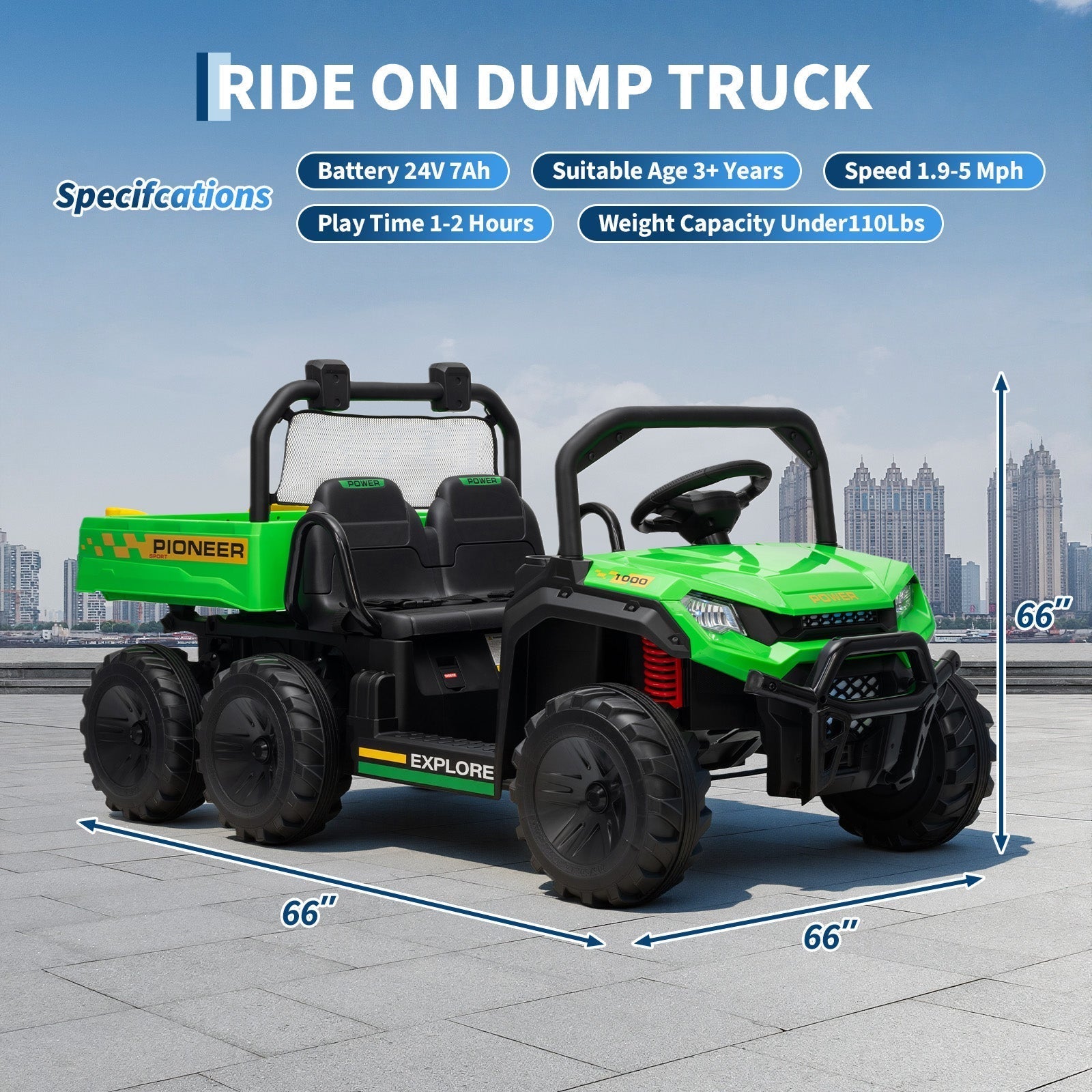 Garvee 24V 4WD Electric Ride on Dump Truck for Kids, 2 Seater with Remote Control, Dump Bed, 3 Speed Modes, Music Player, All-Terrain Off-Road Vehicle Toy for Boys & Girls