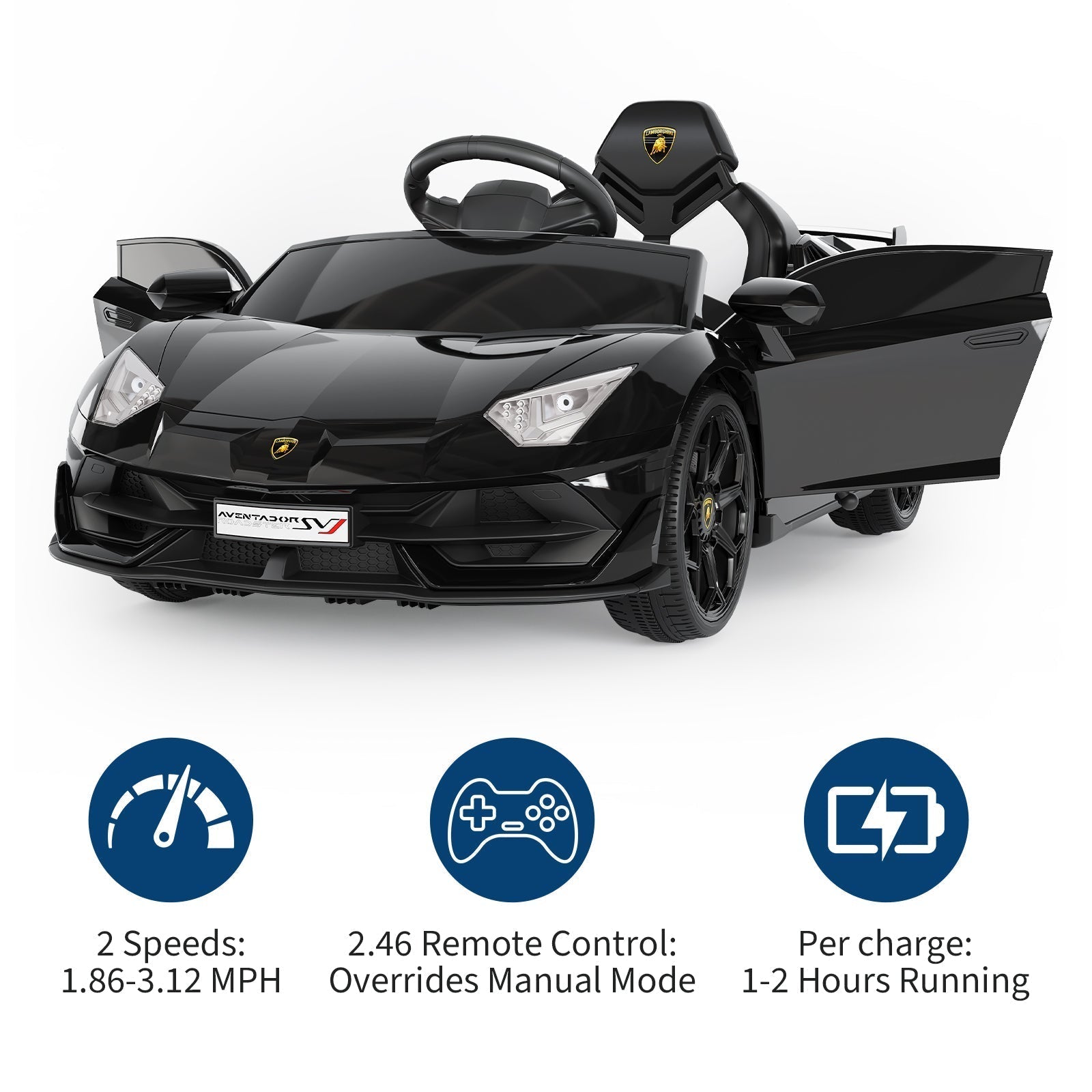 Garvee Licensed Lamborghini 12V Electric Ride-On Car for Kids – Battery Powered Sports Vehicle with Remote Control, 2 Speeds, MP3 Player, LED Headlights, Spring Suspension, Music System – For Ages 3-8 – Black