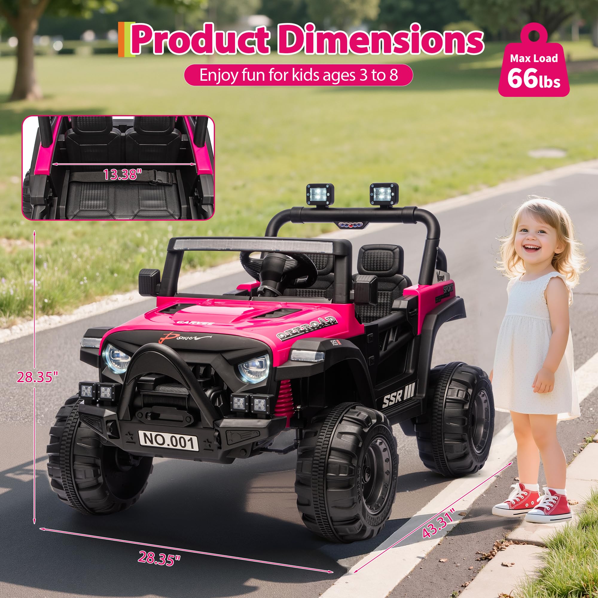 Garvee 12V Kids Ride-On Electric Car – Remote Control, 3 Speeds up to 4.1MPH, Spring Suspension, wireless Music, LED Lights, Safety Locking Doors, 3-Point Harness, Battery Powered Toy for Toddlers Ages 3-5 – Rose Red
