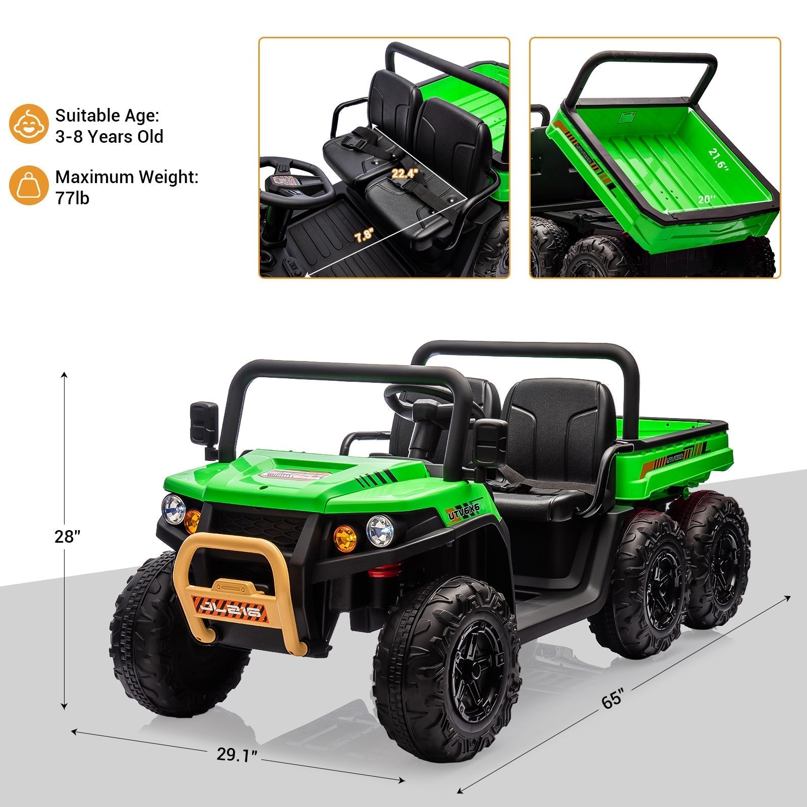 Garvee 24V 2-Seater 6-Wheel 4WD Kids Electric Dump Truck Ride-On UTV - Parental Remote, Wireless Audio Music, LED Lights, Electric Dump Bed, Shovel - Off-Road Toy for Big Kids - Green