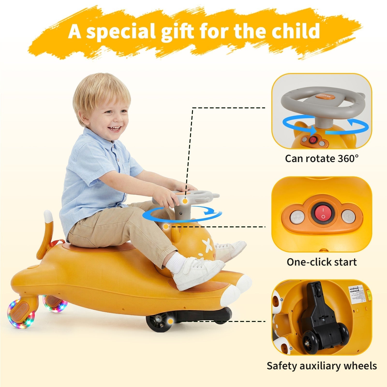 Garvee Fun & Safe Wiggle Ride-On Car for Kids – Cartoon Cat Design, Pedal-Driven, Battery Powered, 6V Electric, Durable Build, Indoor/Outdoor Toy – Brown - US Standard