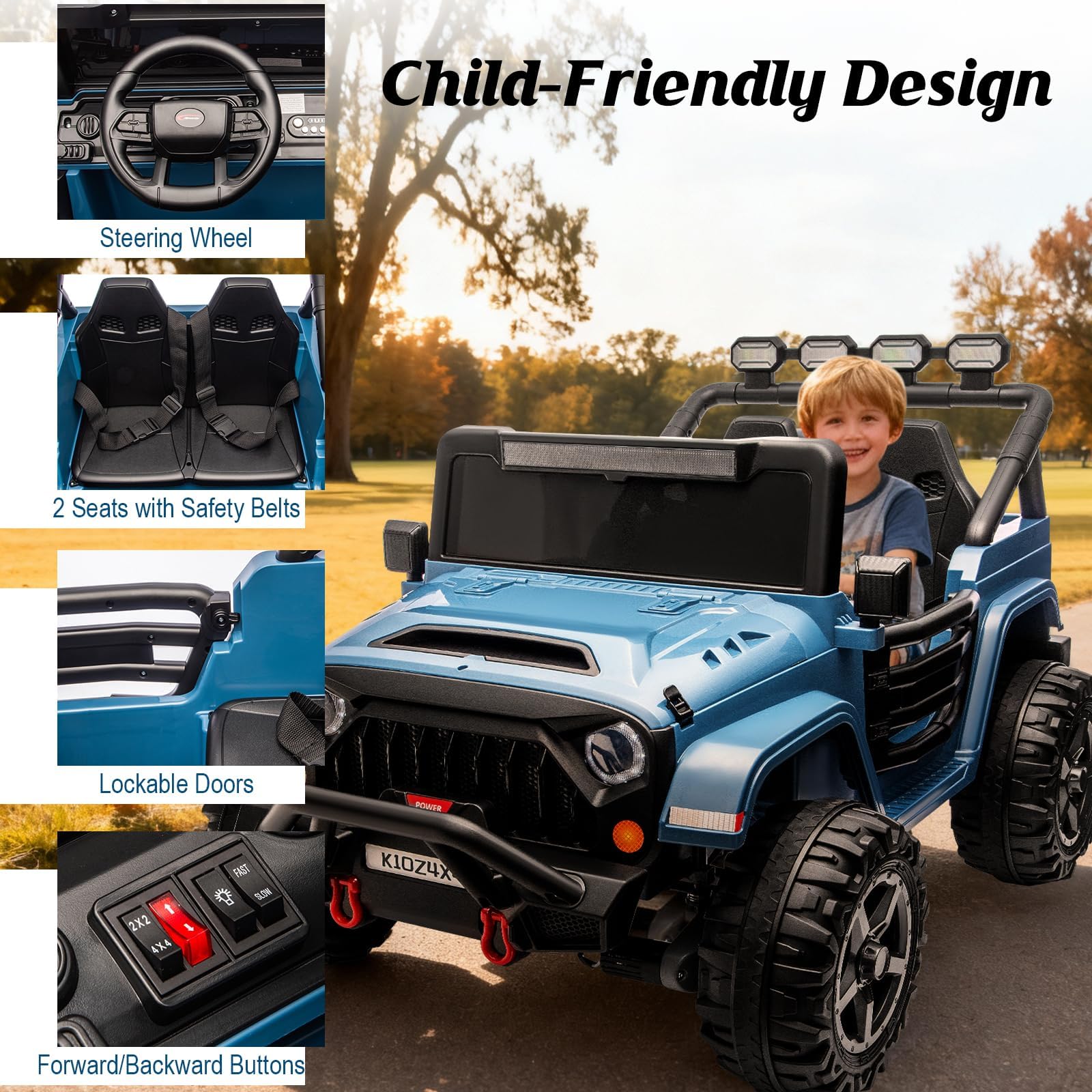 Garvee 24V Electric Ride On Truck for Big Kids – 2 Seater – Parental Remote Control – 3 Speeds – 4-Wheel Suspension – LED Lights – Wireless Audio/MP3 Player – Standard Test Method/CPSIA Certified – Navy Blue