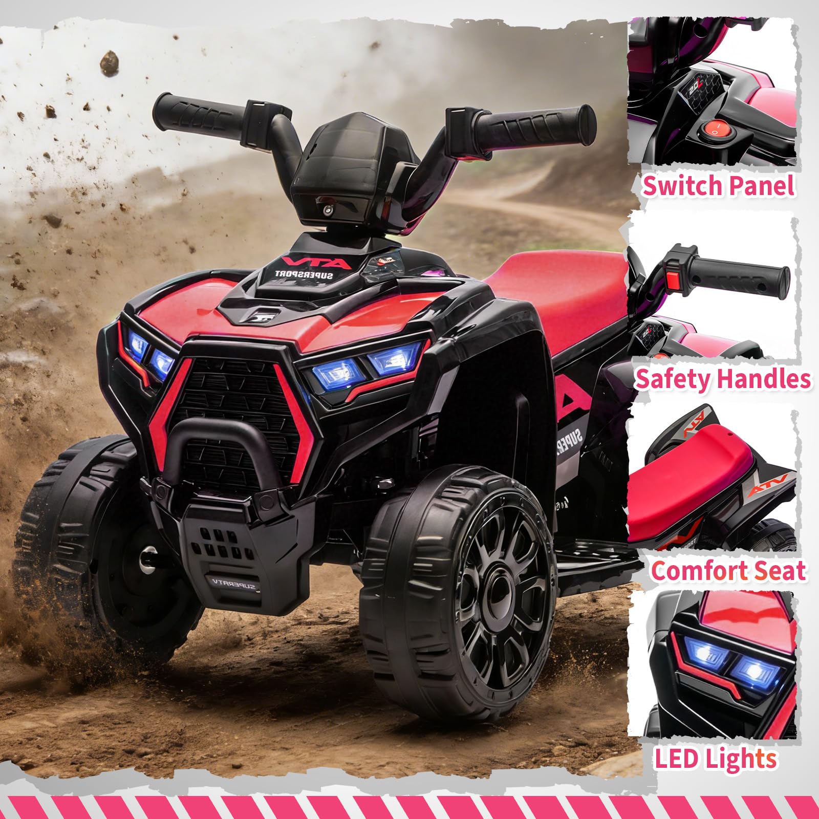 Garvee Kids 6V Battery Powered ATV Car with Lights & Music, 3.5mph Speed, Durable Plastic, All-Terrain Wheels, Toddler Ride-On Toy for Ages 3-6