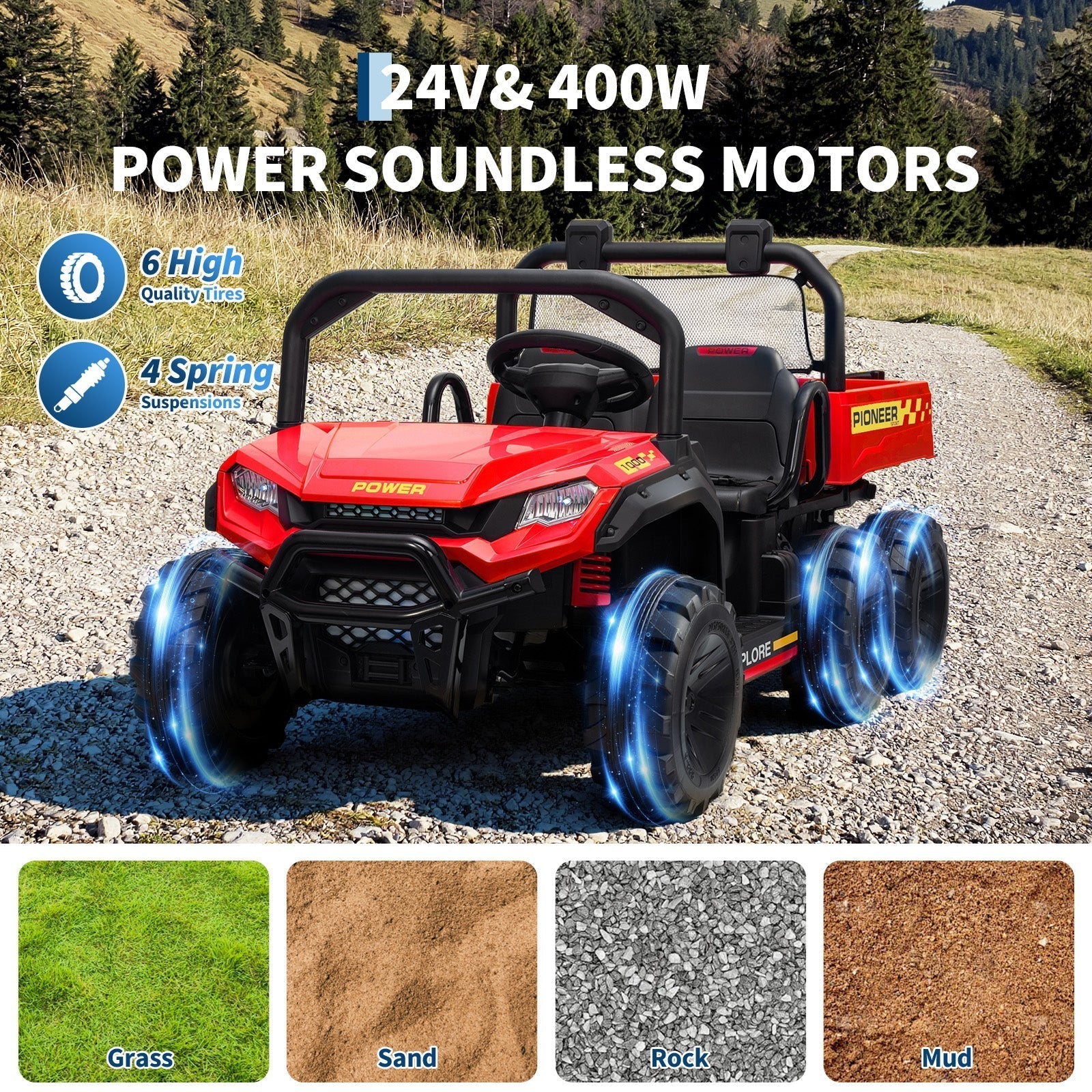 Garvee 24V 4WD Electric Ride on Dump Truck for Kids, 2 Seater with Remote Control, Dump Bed, 3 Speed Modes, Music Player, All-Terrain Off-Road Vehicle Toy for Boys & Girls