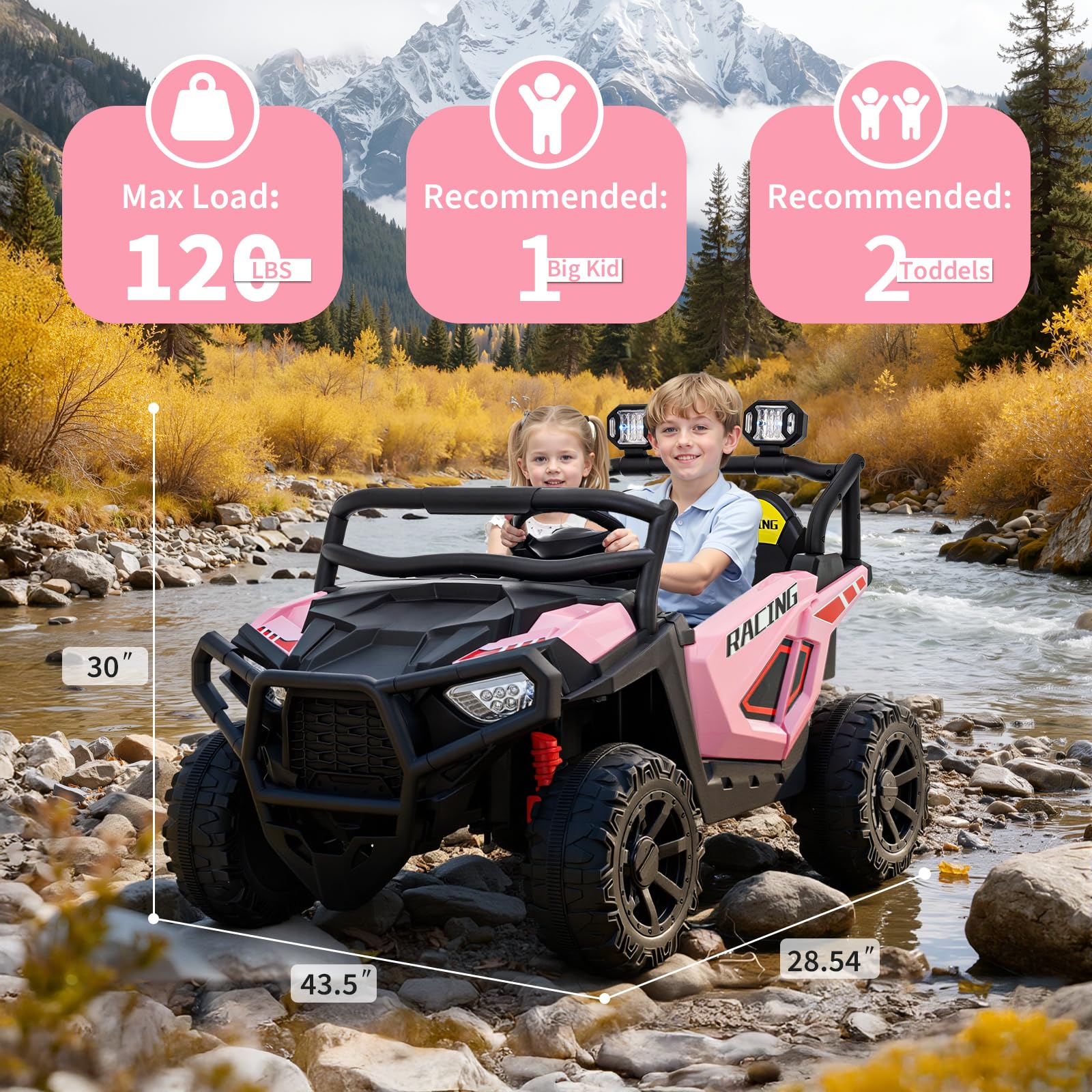 Garvee 24V 2-Seater Electric UTV Ride-On Truck for Kids Ages 2-8 – Battery Powered, Remote Control, 4-Wheel Suspension, Gradual Power-Up, 3 Speeds, LED Lights, Wireless – Pink
