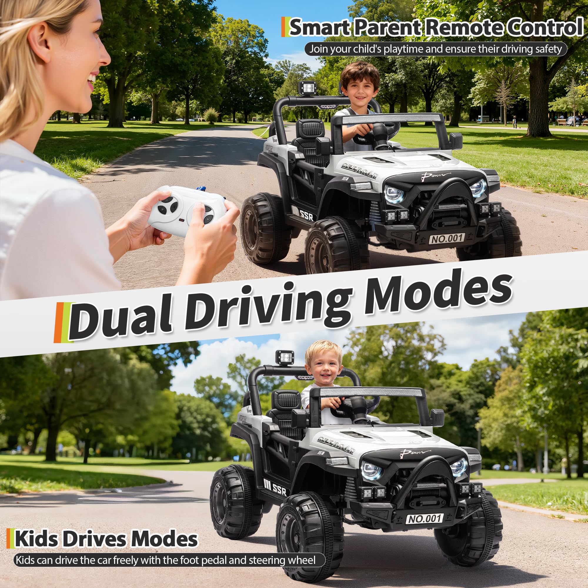 Garvee 12V Kids Electric Ride-On Car – Parent Remote Control, 3 Speeds, Safety Locking Doors, 3-Point Harness, Spring Suspension, wireless Music, LED Lights, Anti-Slip Tires, Foot Brake, Battery Powered Toy for Ages 3-5 – White