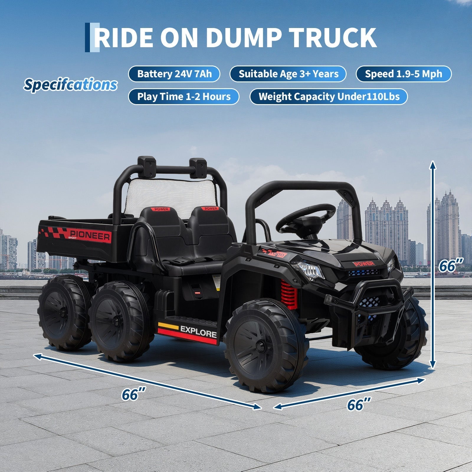 Garvee 24V 4WD Electric Ride on Dump Truck for Kids, 2 Seater with Remote Control, Dump Bed, 3 Speed Modes, Music Player, All-Terrain Off-Road Vehicle Toy for Boys & Girls