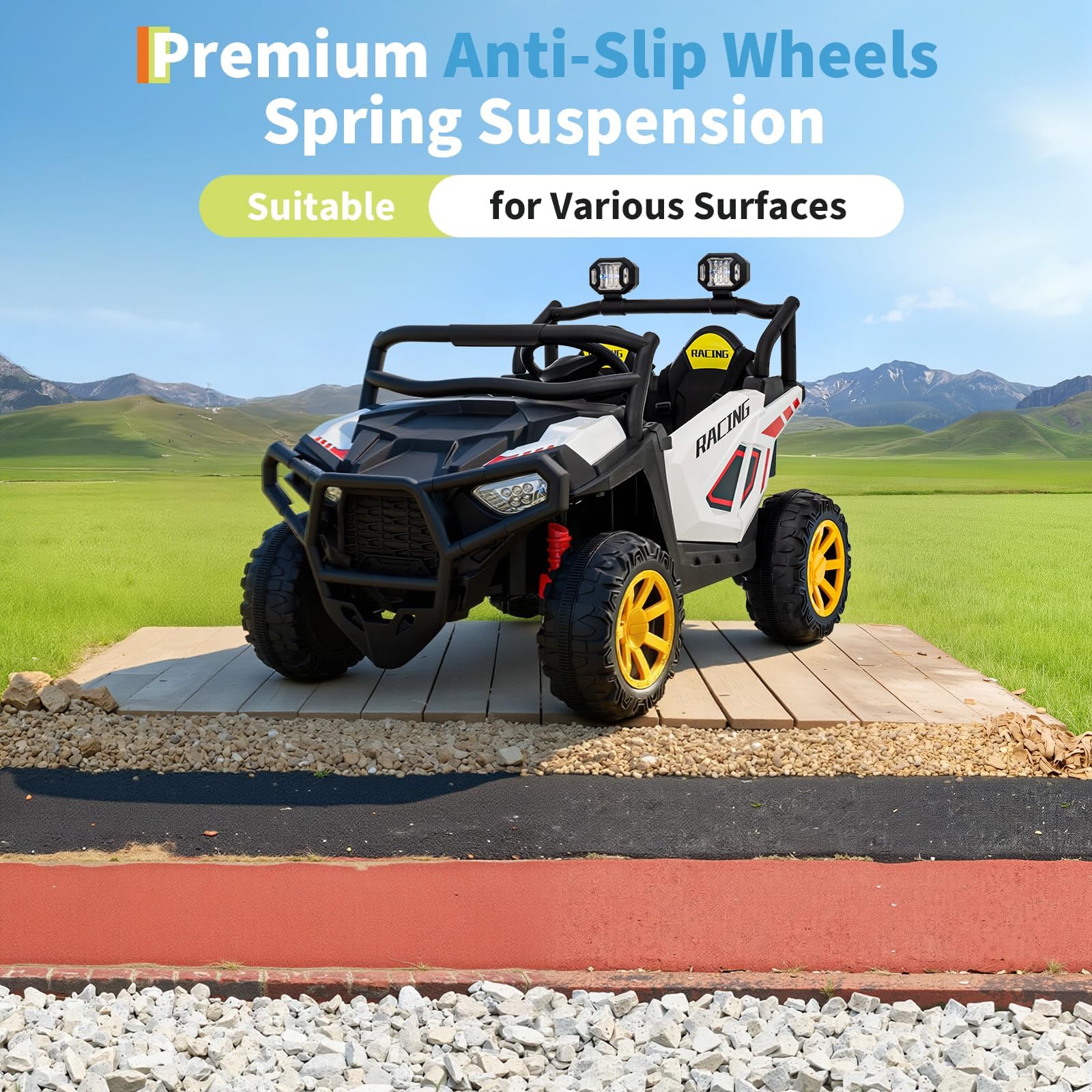 Garvee 24V 2-Seater Electric UTV Ride-On Truck for Kids Ages 2-8 – Battery Powered, Remote Control, 4-Wheel Suspension, Gradual Power-Up, 3 Speeds, LED Lights, Wireless – White