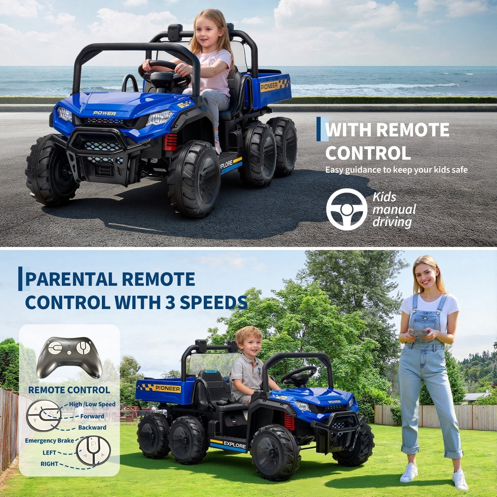 Garvee 24V 4WD Electric Ride on Dump Truck for Kids, 2 Seater with Remote Control, Dump Bed, 3 Speed Modes, Music Player, All-Terrain Off-Road Vehicle Toy for Boys & Girls